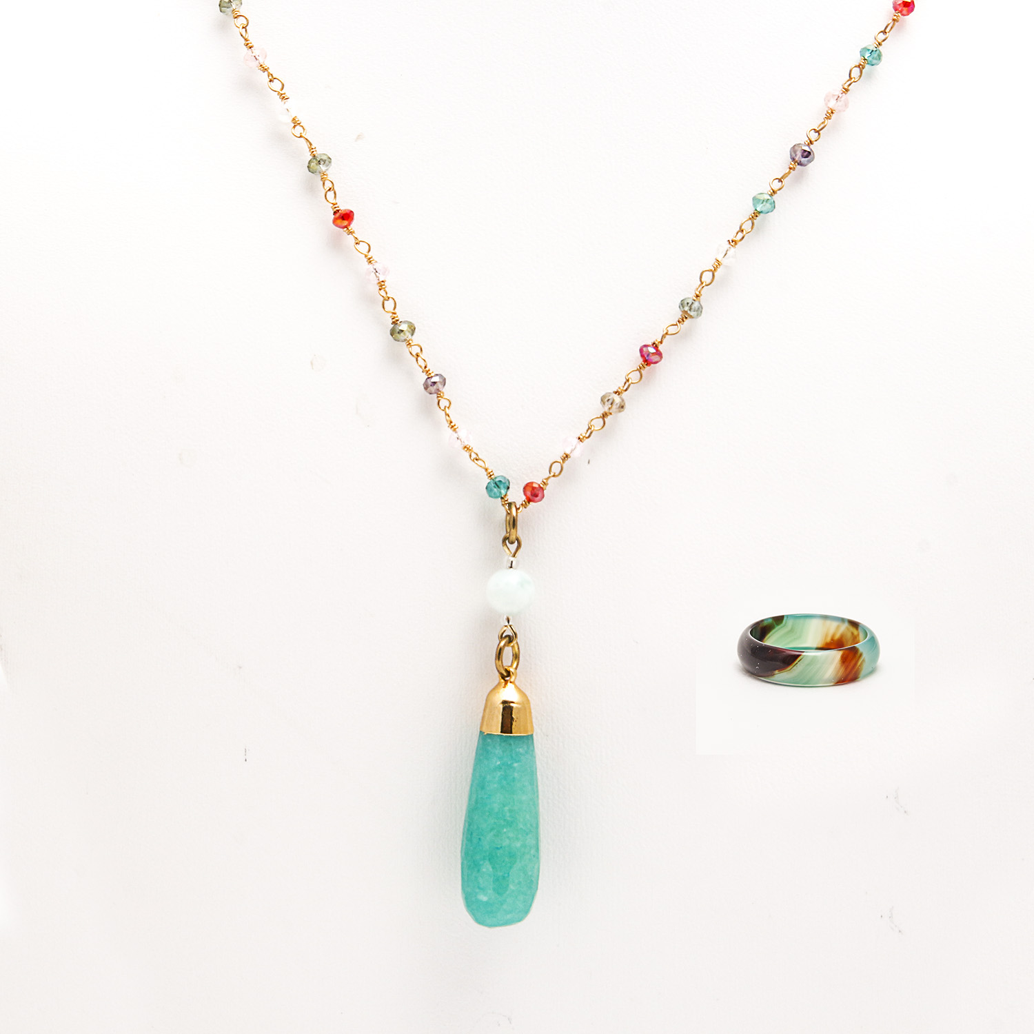 Gold Plated Necklace with Quartzite Quartz, Serpentine, and Glass and Agate Ring