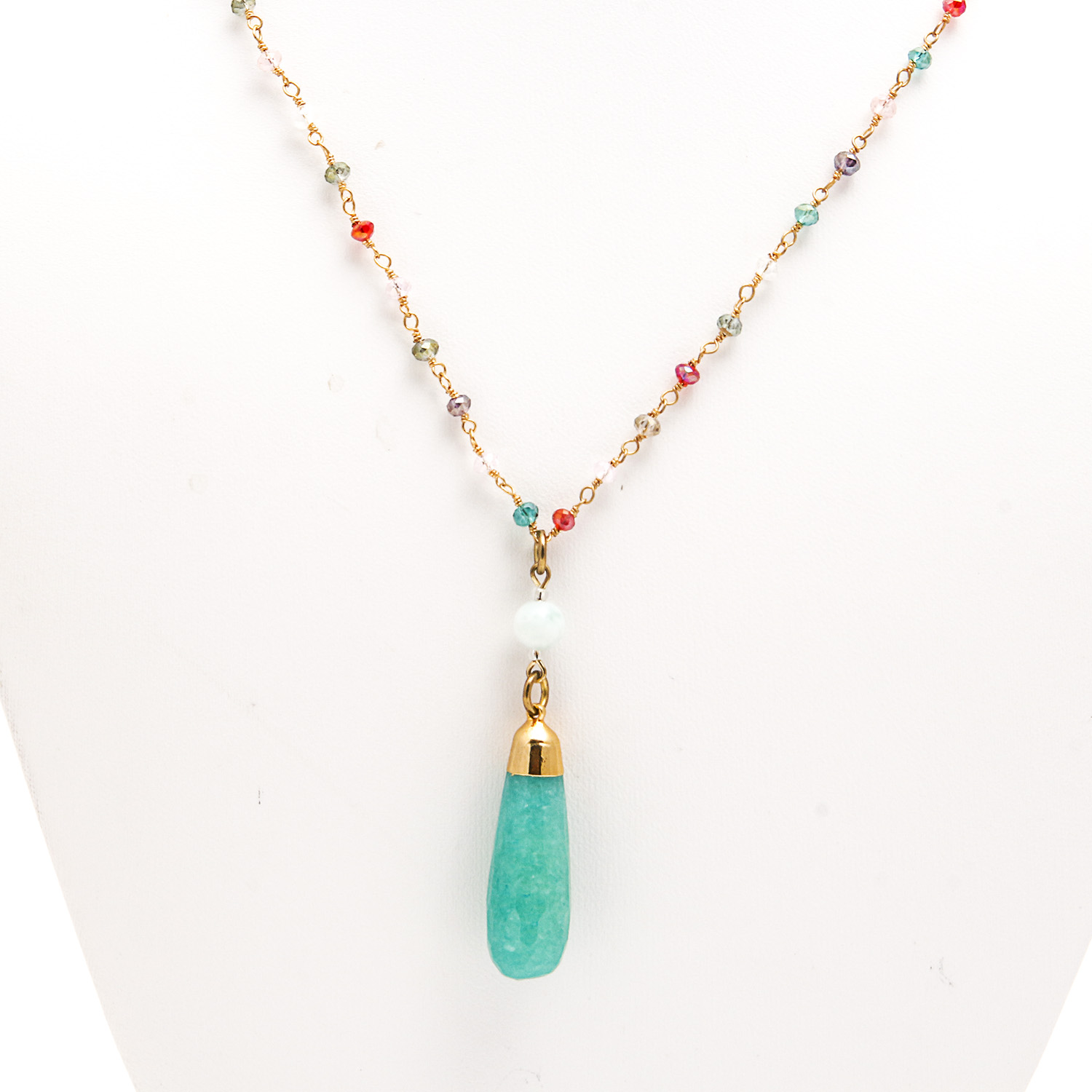 Gold Plated Necklace with Quartzite Quartz, Serpentine, and Glass and Agate Ring