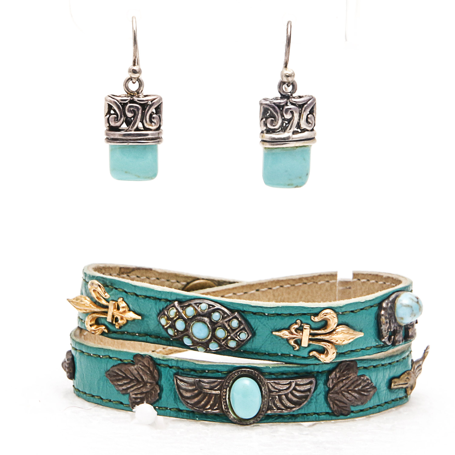 Leather and Turquoise Bracelet and Sterling Silver and Turquoise Earrings