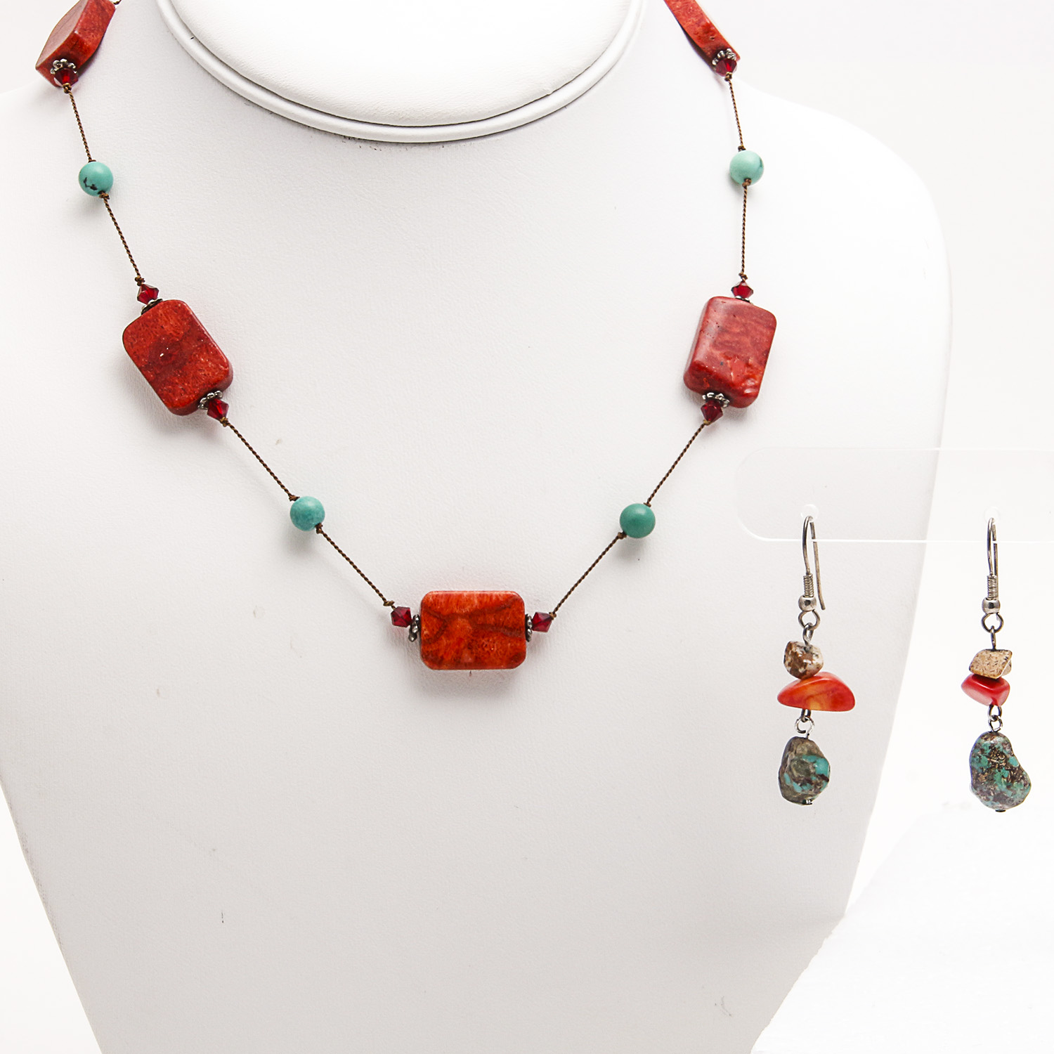 Turquoise and Coral Necklace and Pair of Turquoise, Coral, and Jasper Earrings