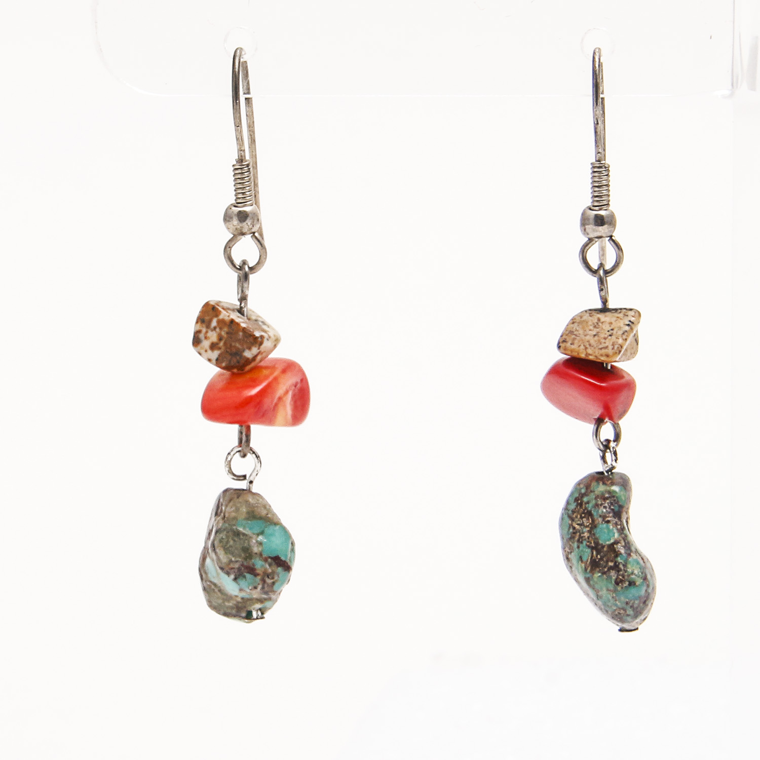 Turquoise and Coral Necklace and Pair of Turquoise, Coral, and Jasper Earrings