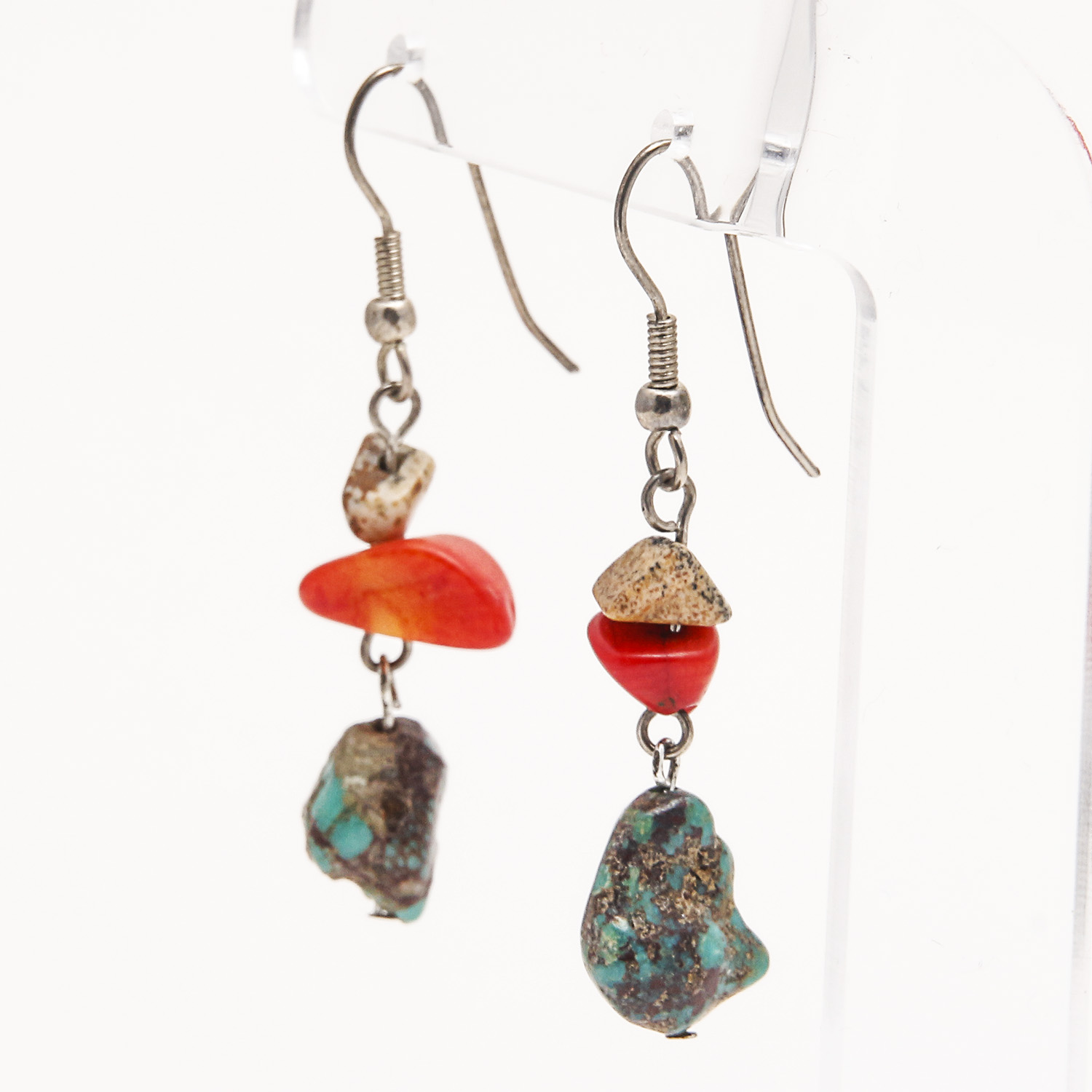 Turquoise and Coral Necklace and Pair of Turquoise, Coral, and Jasper Earrings