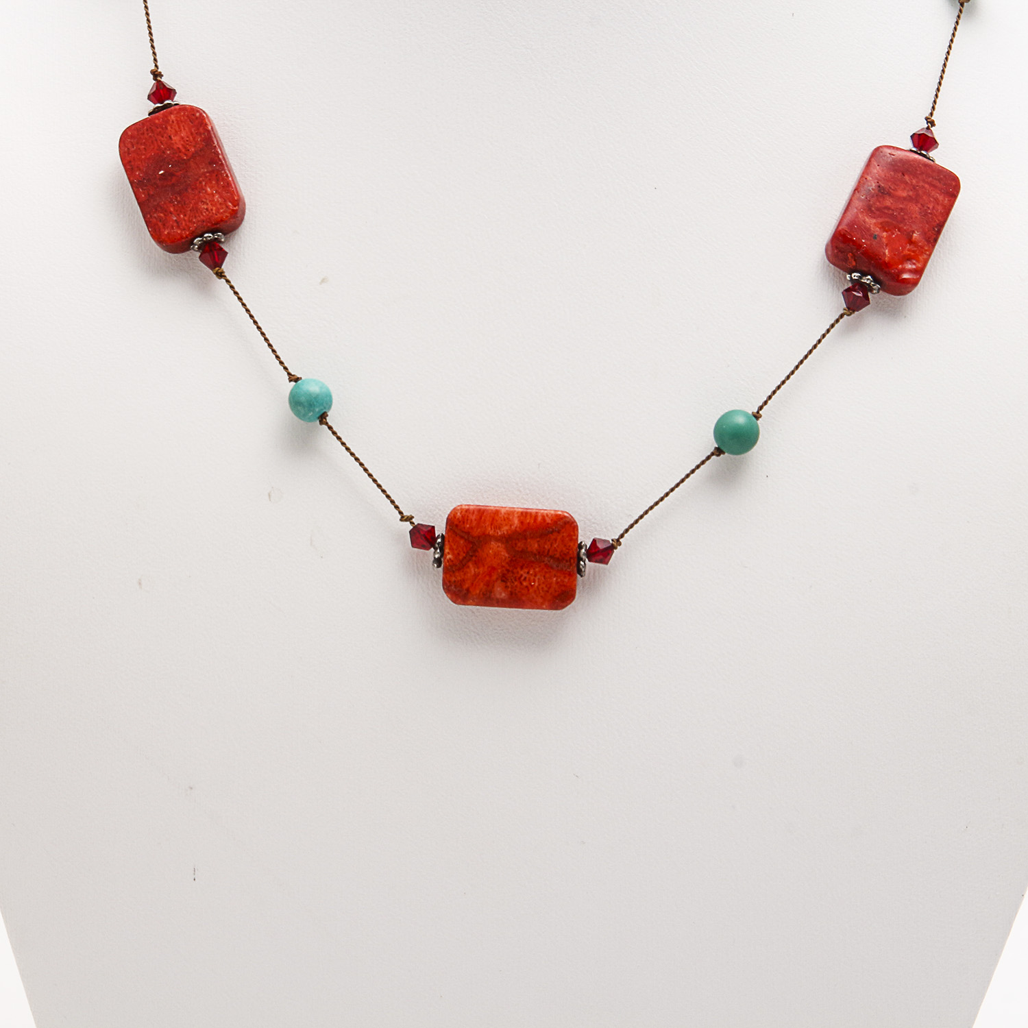 Turquoise and Coral Necklace and Pair of Turquoise, Coral, and Jasper Earrings