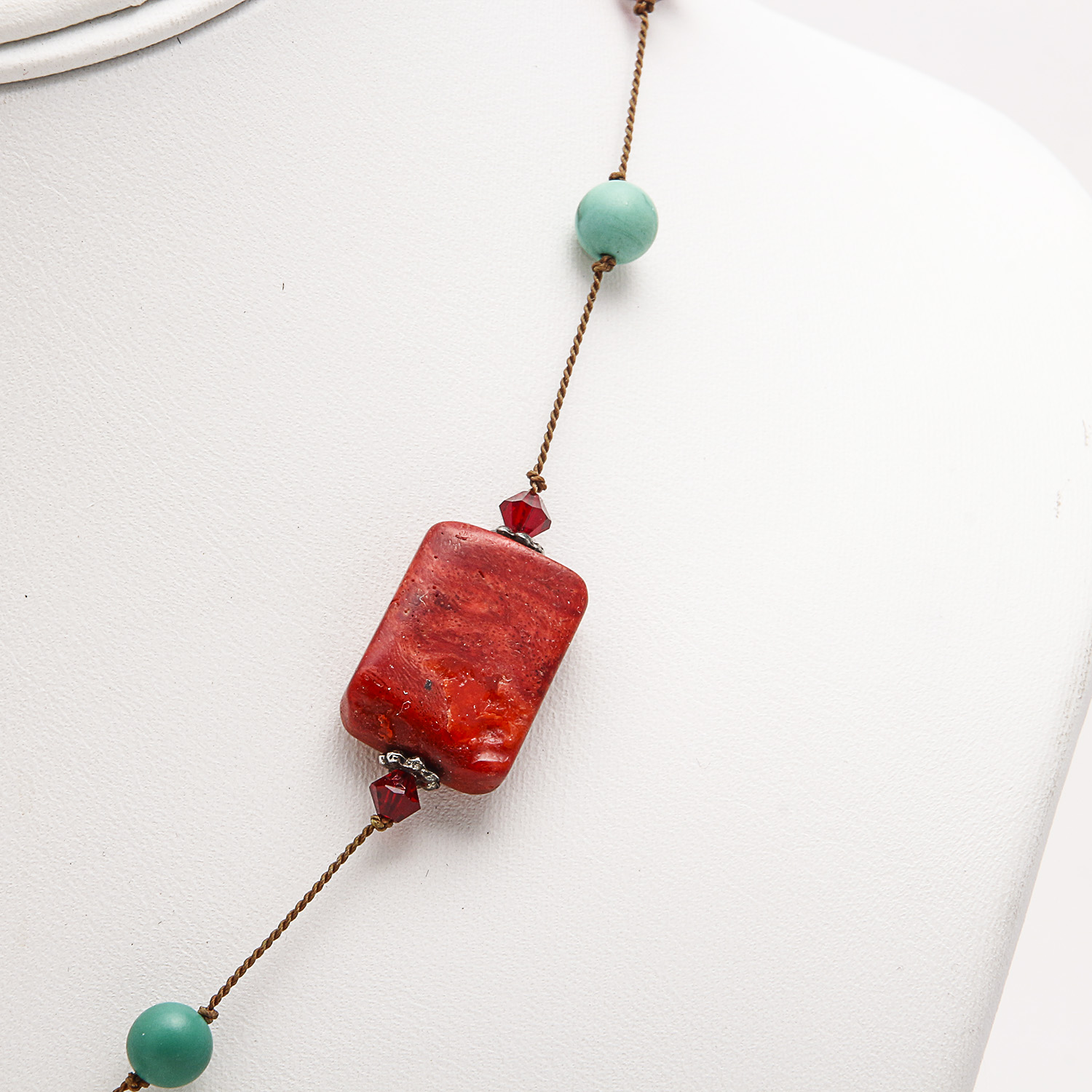 Turquoise and Coral Necklace and Pair of Turquoise, Coral, and Jasper Earrings