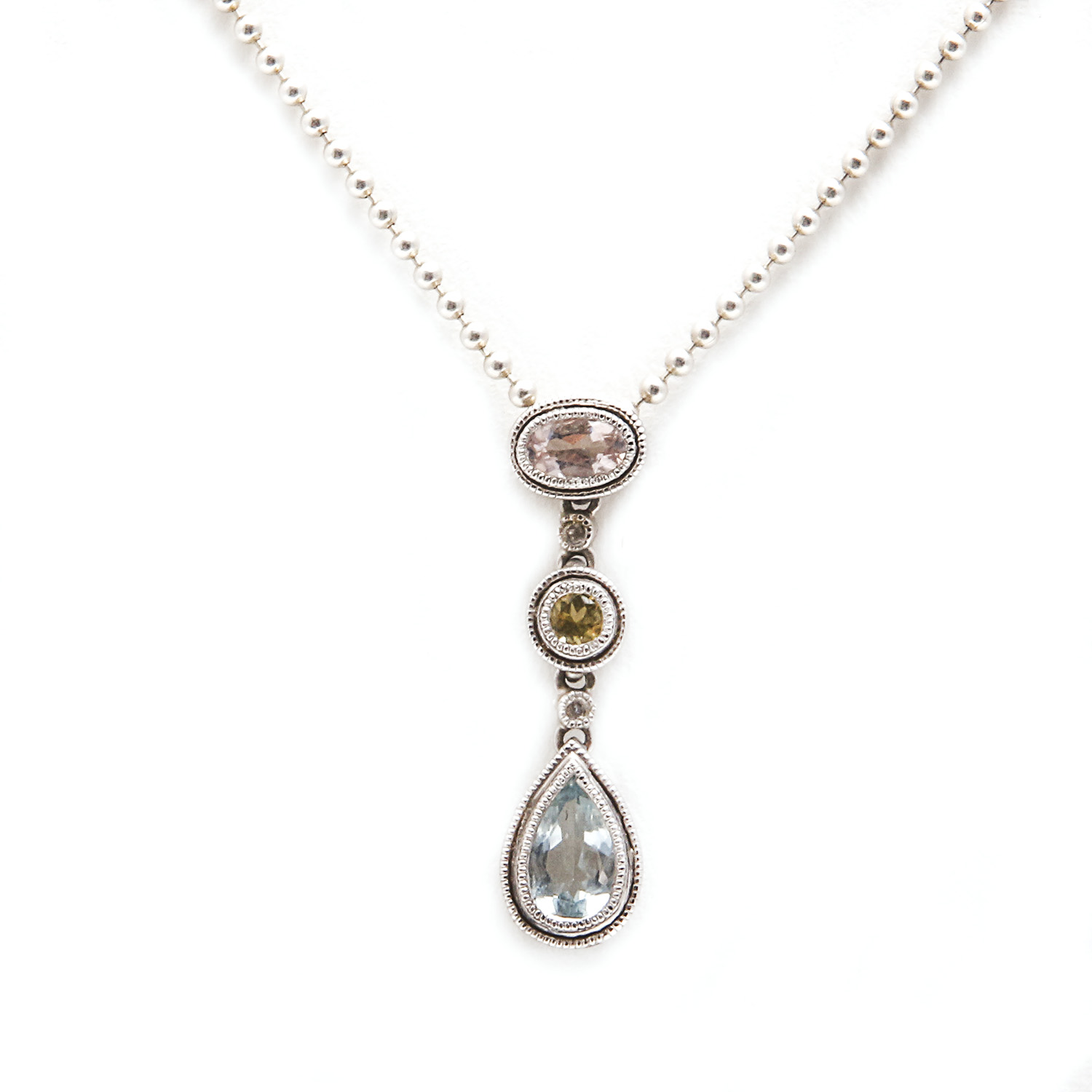 Sterling Silver Necklace with Diamonds, Morganite, Heliodor Beryl, and Aquamarine