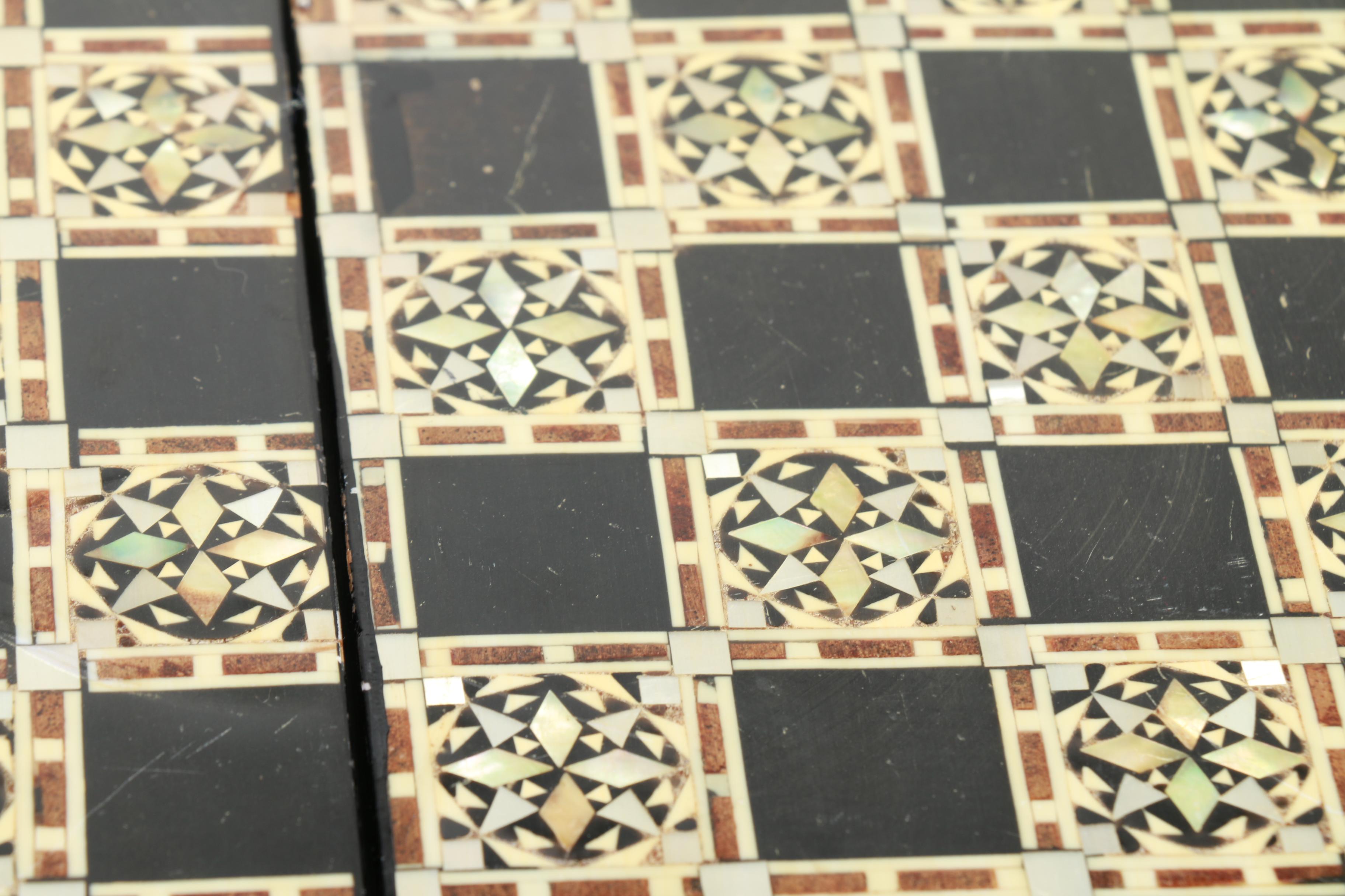 Carved Bone Chess Set with Mother of Pearl Inlaid Board