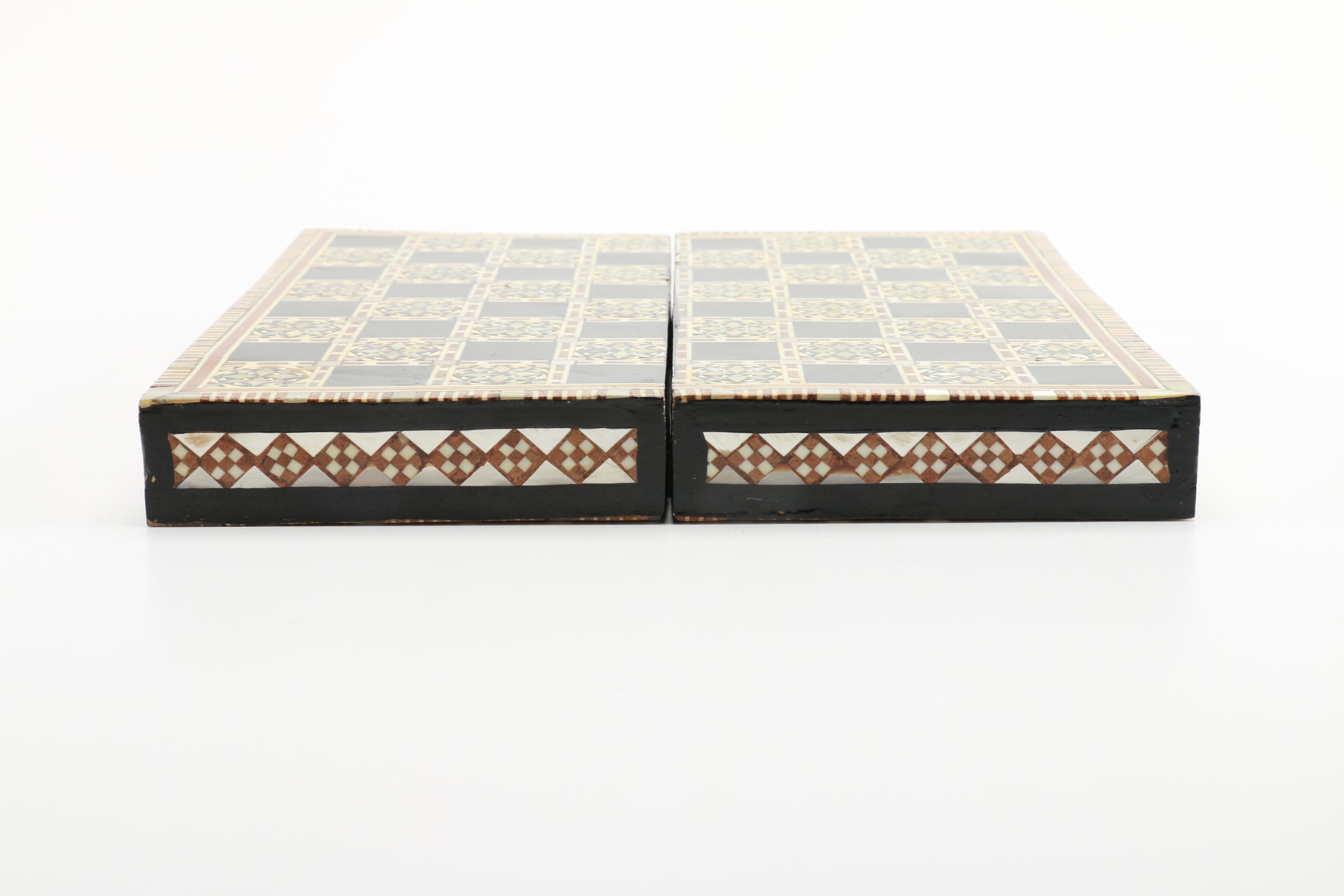 Carved Bone Chess Set with Mother of Pearl Inlaid Board