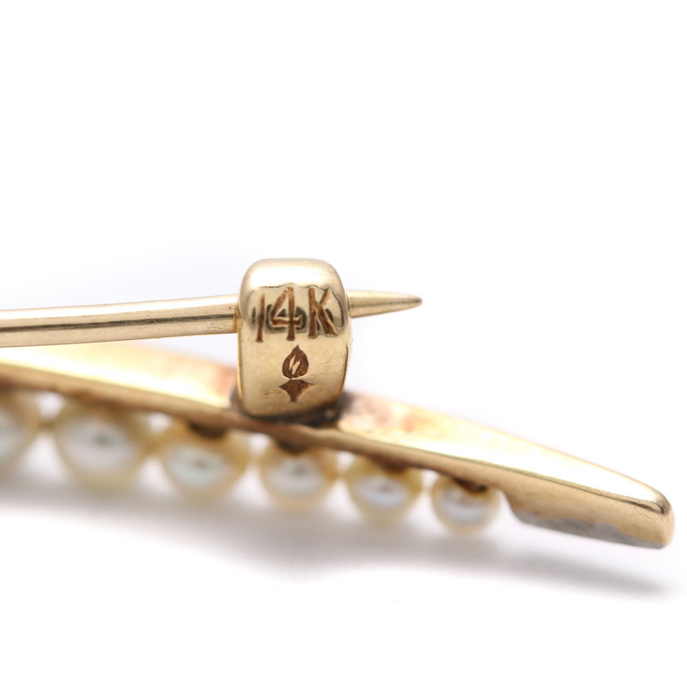 Victorian Style 14K Yellow Gold and Pearl Crescent Pin