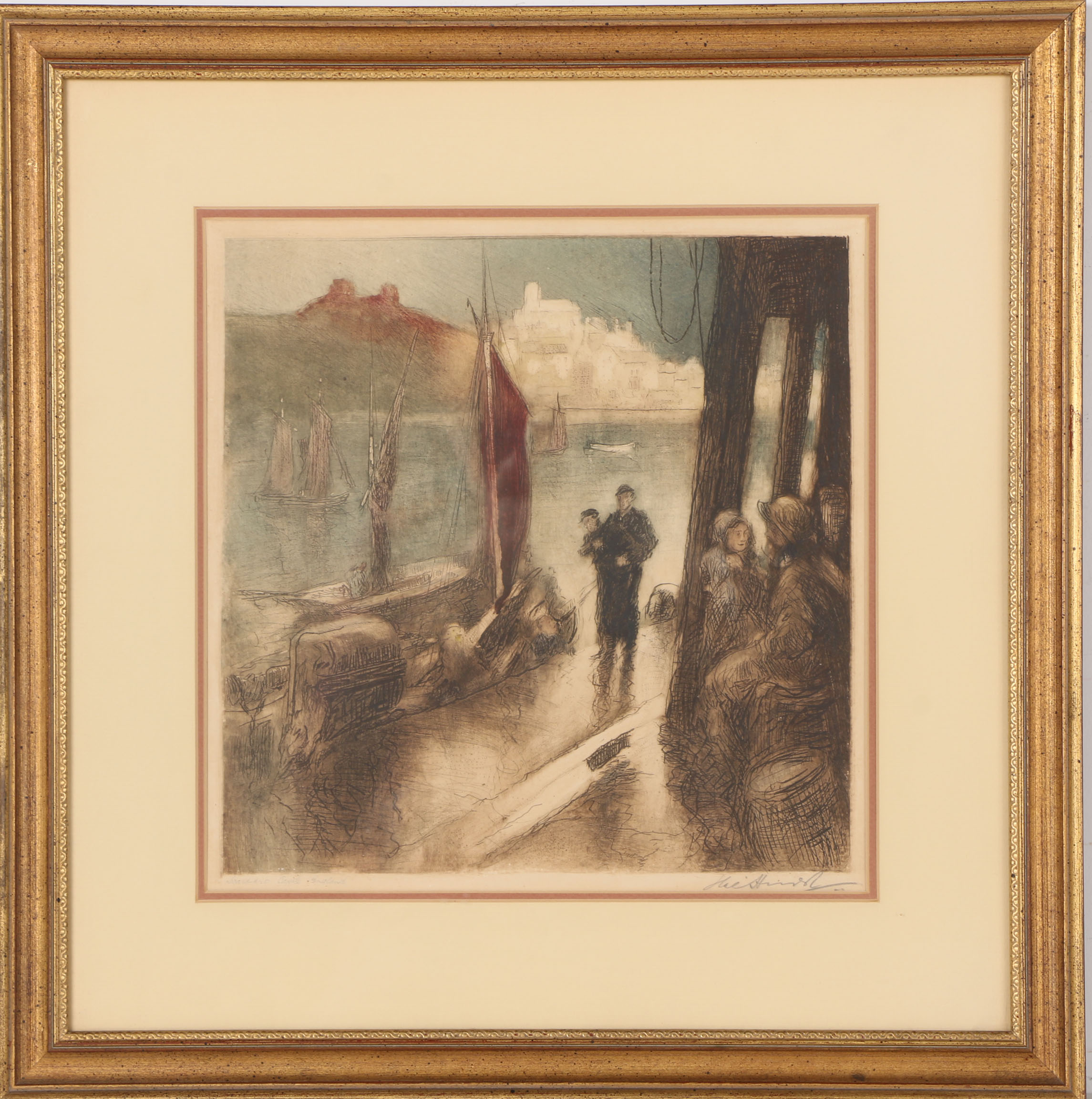 Theo Hurt Hand-Colored Etching "Scarboro Castle England"