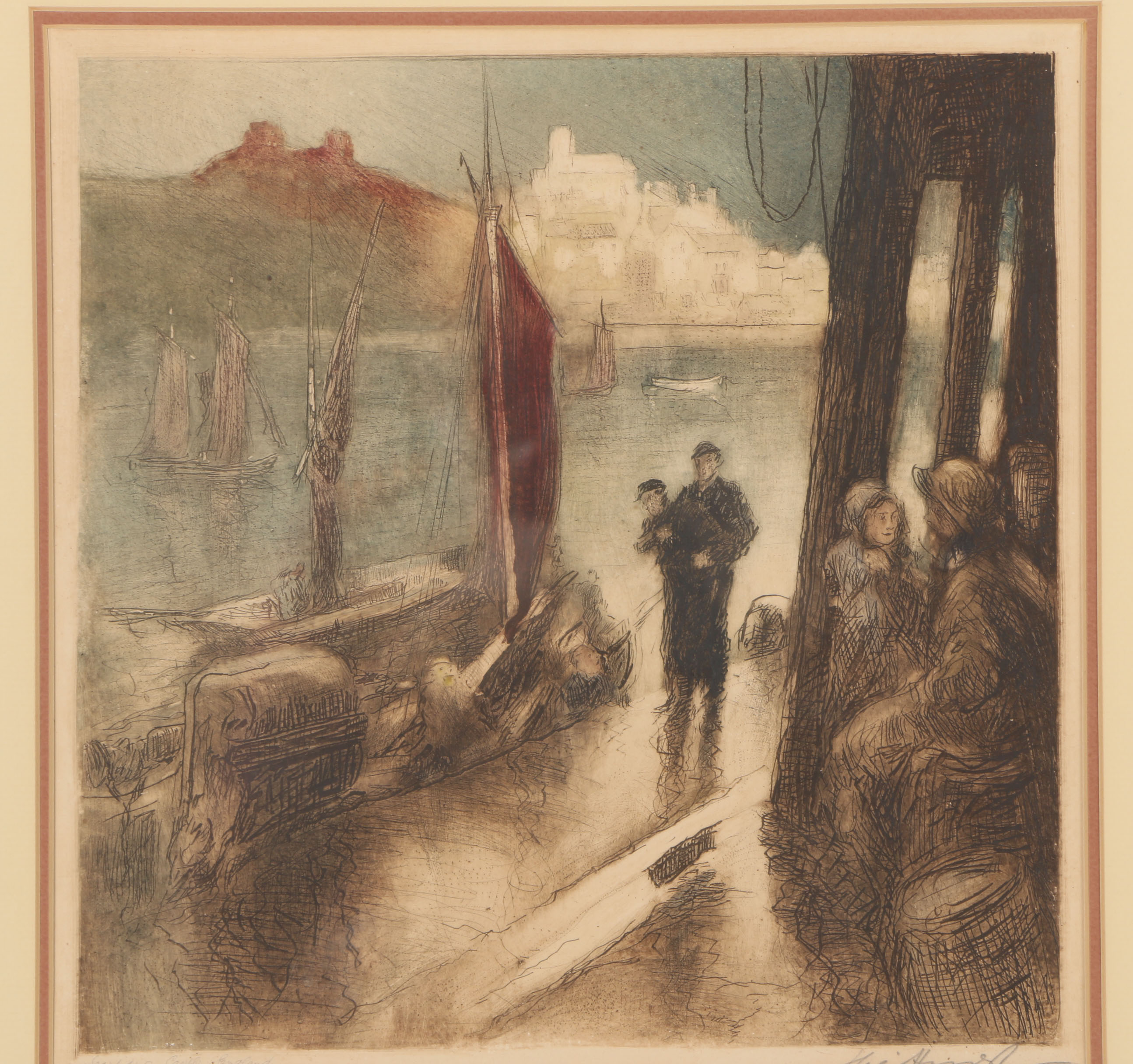 Theo Hurt Hand-Colored Etching "Scarboro Castle England"