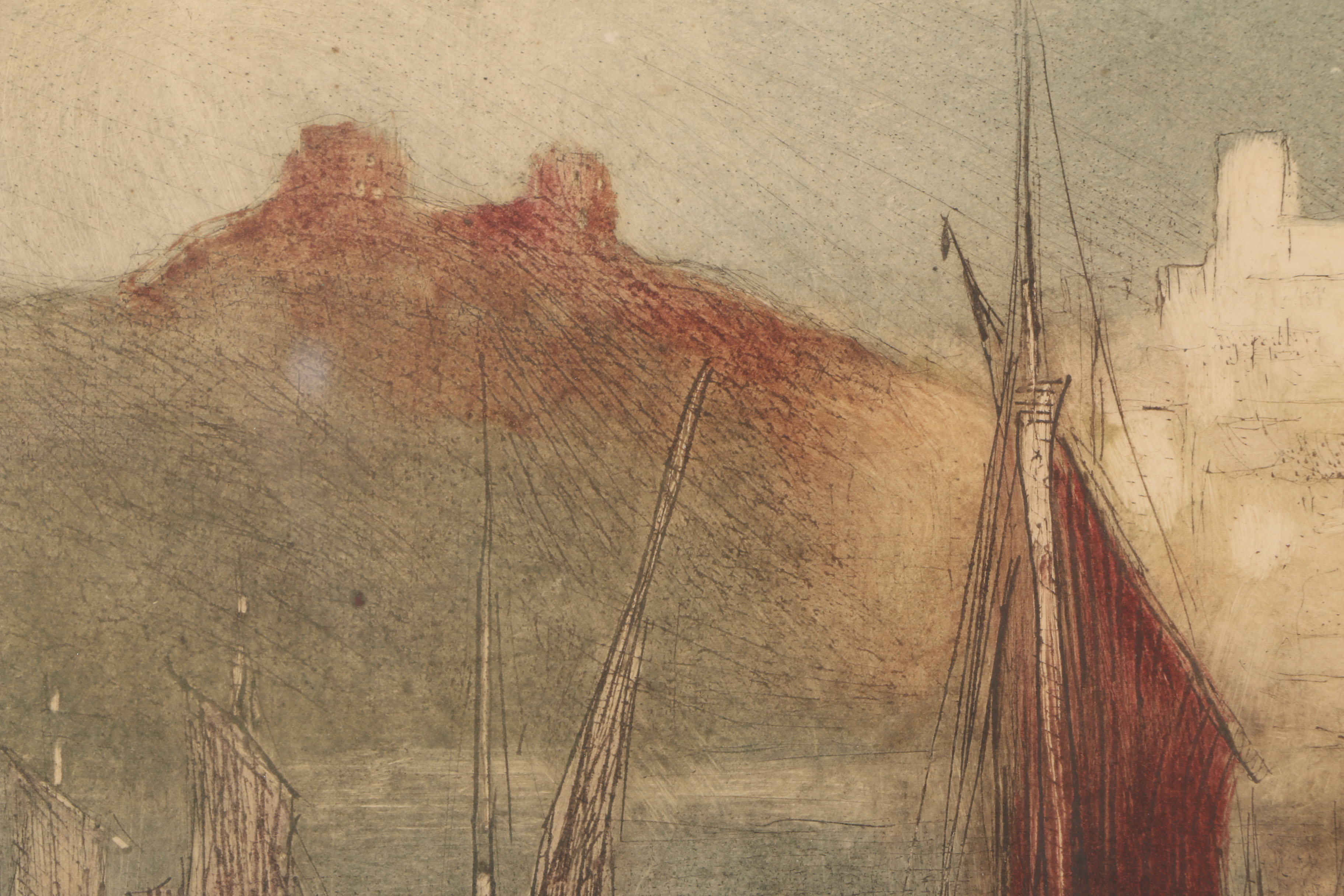 Theo Hurt Hand-Colored Etching "Scarboro Castle England"