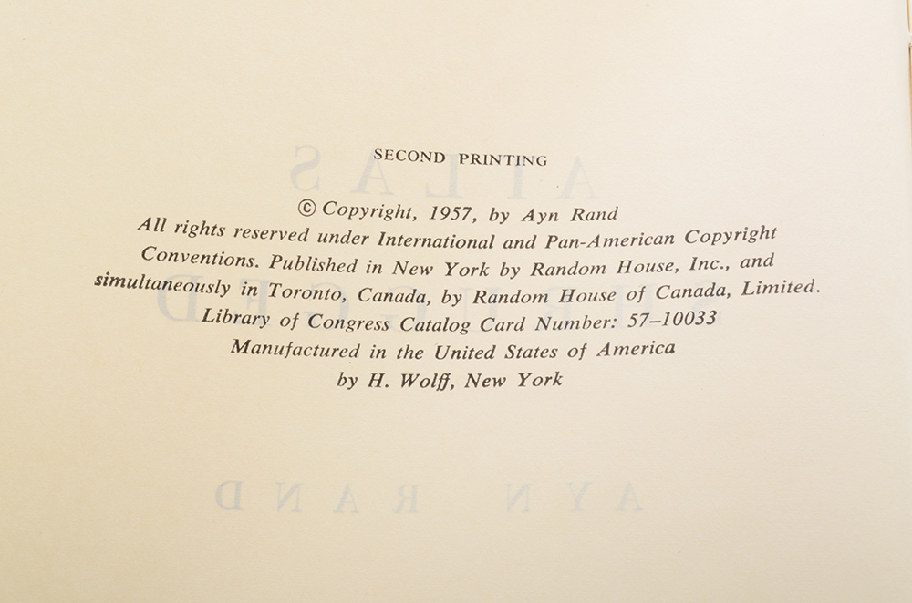 1957 First Edition, Second Printing "Atlas Shrugged" by Ayn Rand