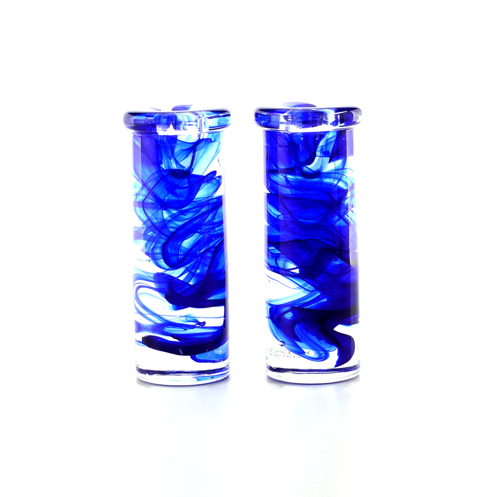Pair Kosta Boda Blue Glass Swirl Candlesticks