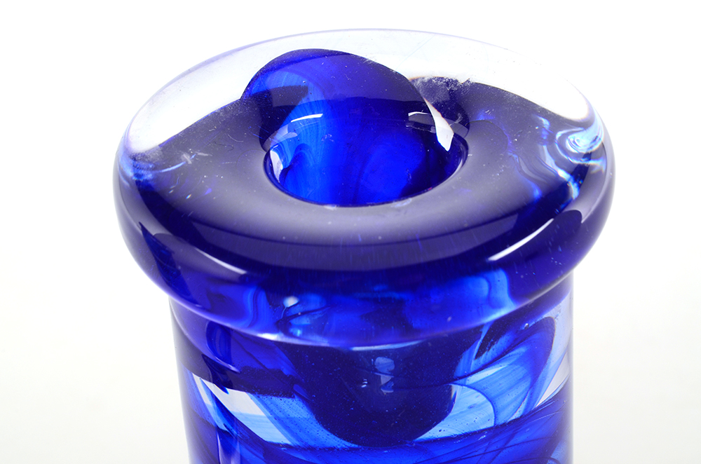 Pair Kosta Boda Blue Glass Swirl Candlesticks