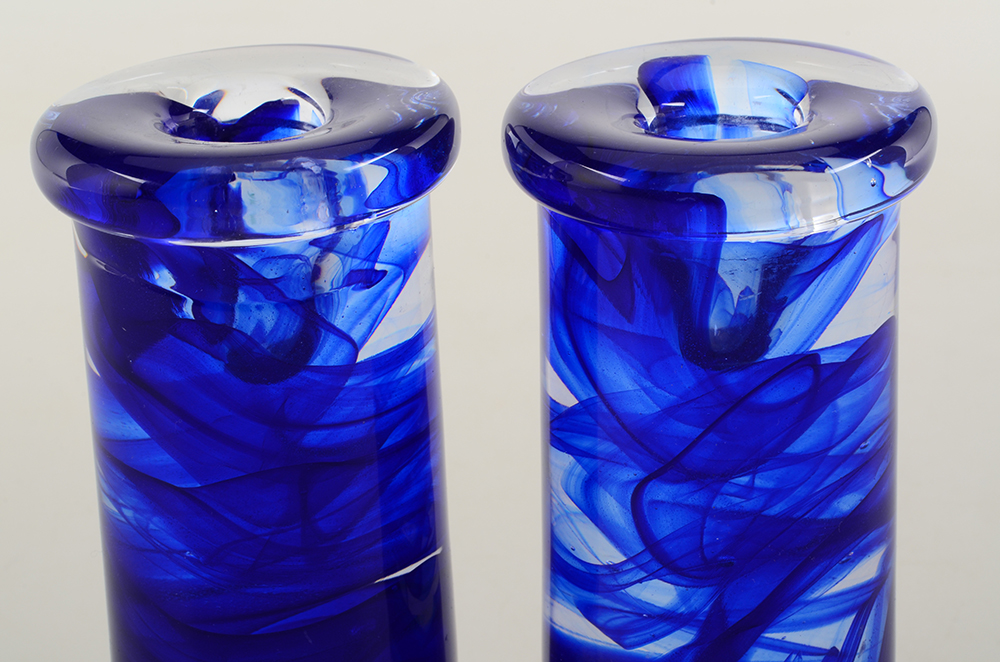 Pair Kosta Boda Blue Glass Swirl Candlesticks