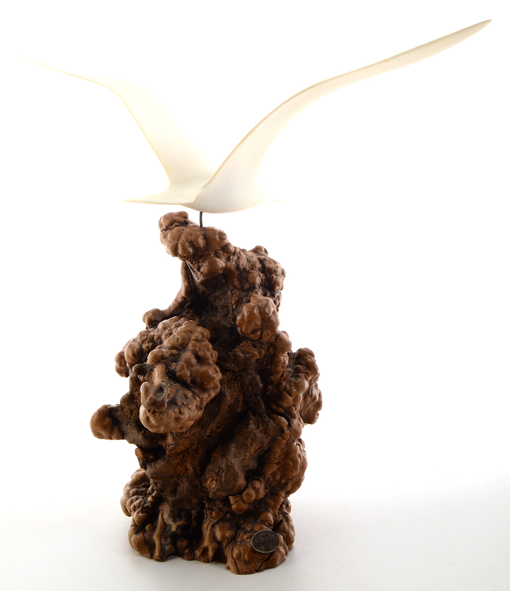 Vintage John Perry Seagull Sculpture on Burl Wood.