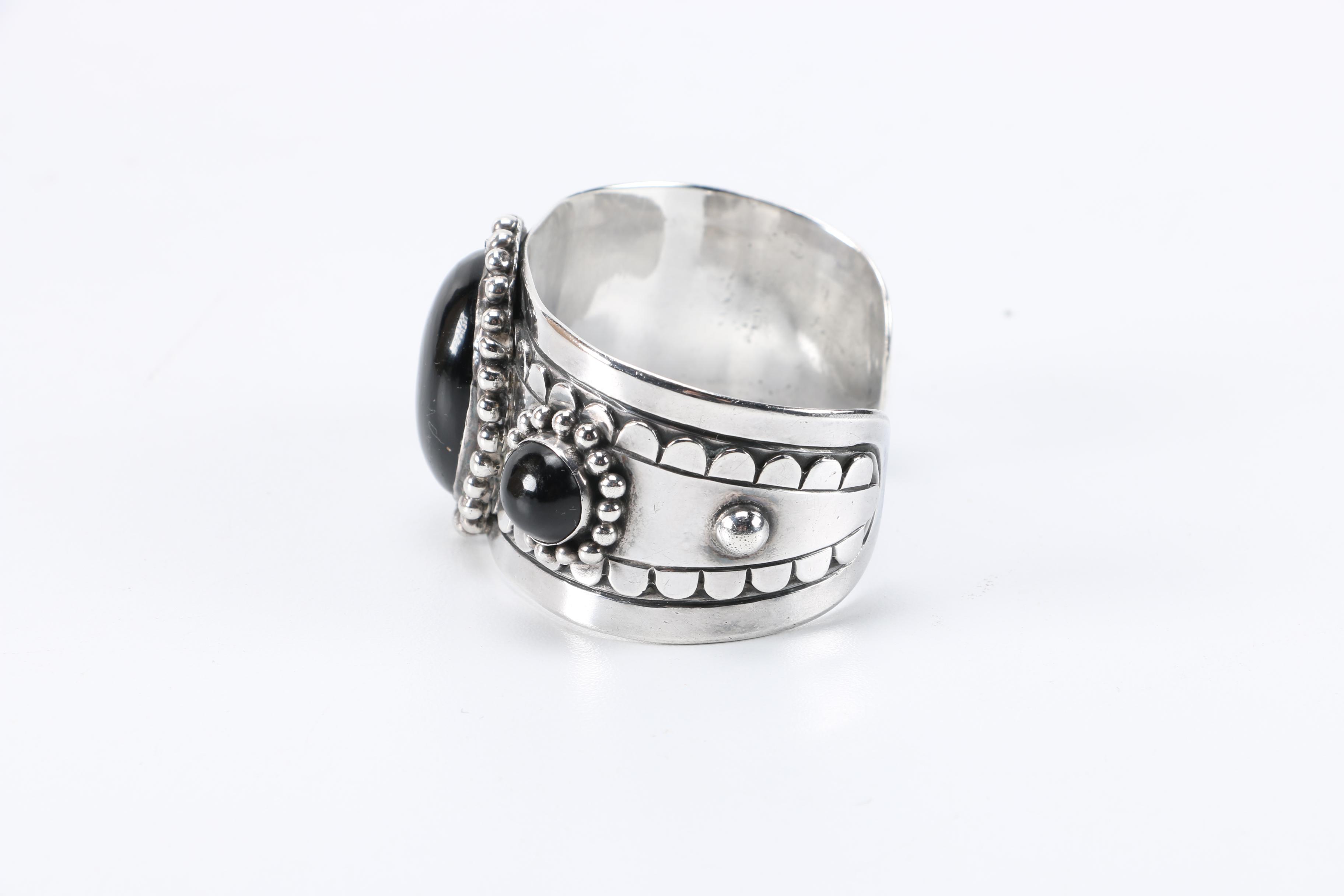 Silver Tone Obsidian Cuff Bracelet