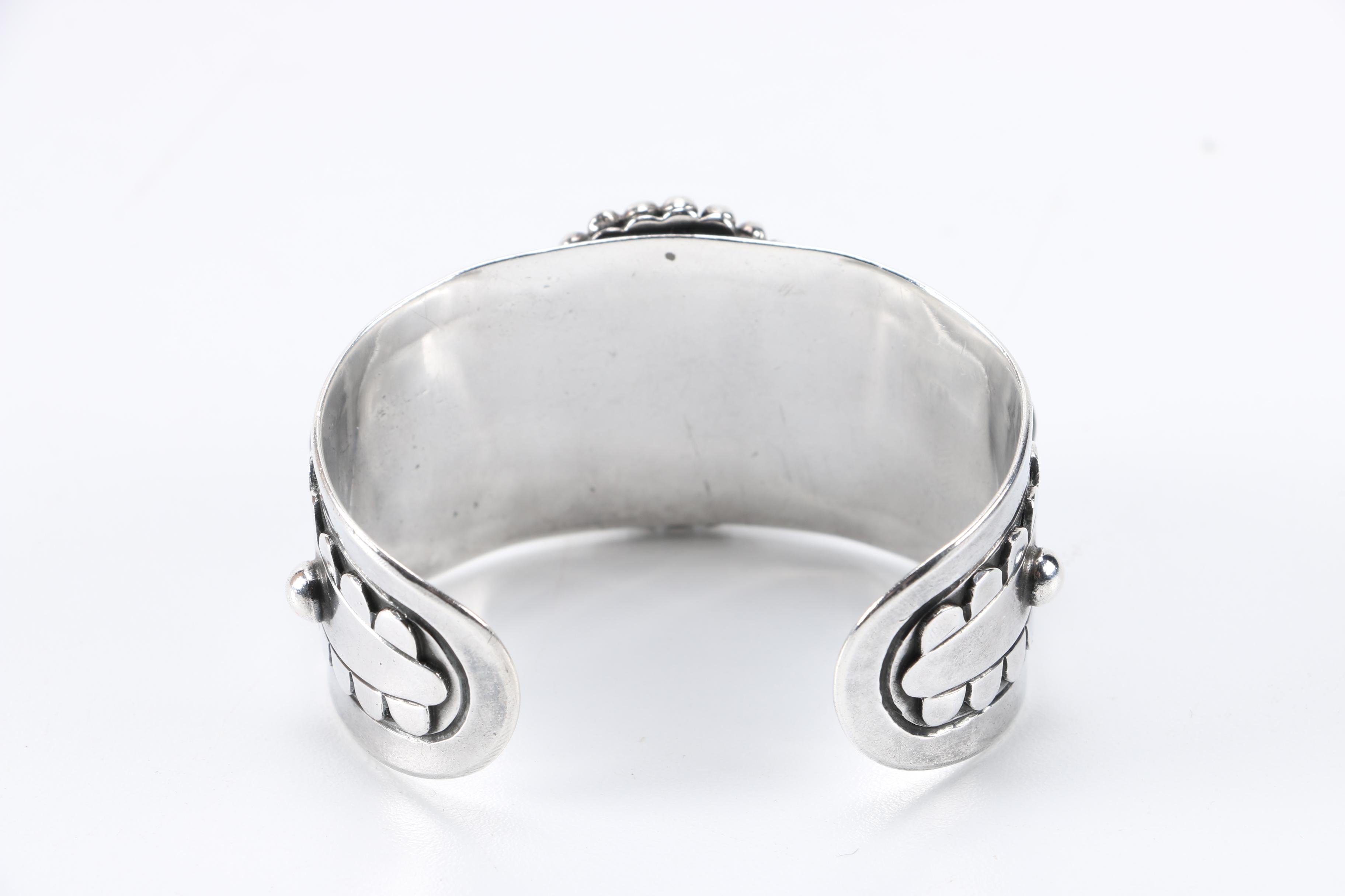 Silver Tone Obsidian Cuff Bracelet