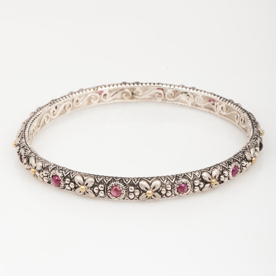 Bixby Sterling Silver, 18K Gold, and Rhodolite Garnet Bangle