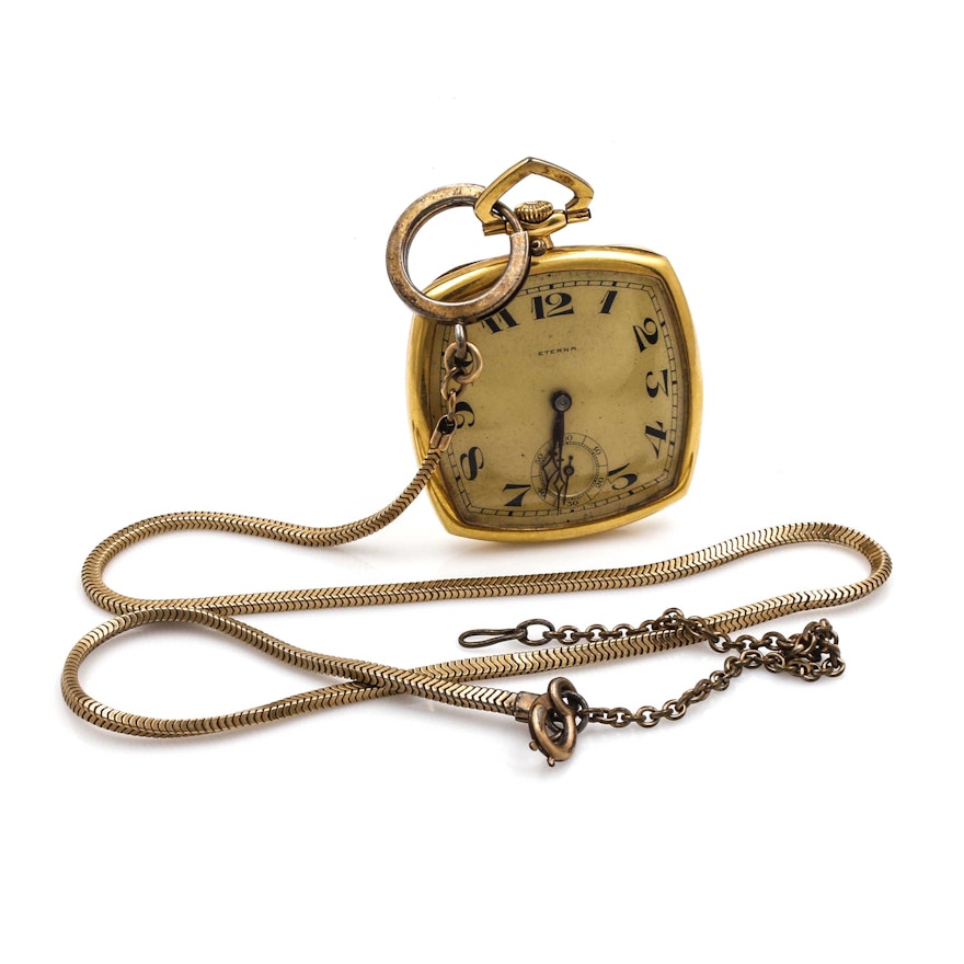 Eterna Rounded Square Gold Tone Pocket Watch and Fob