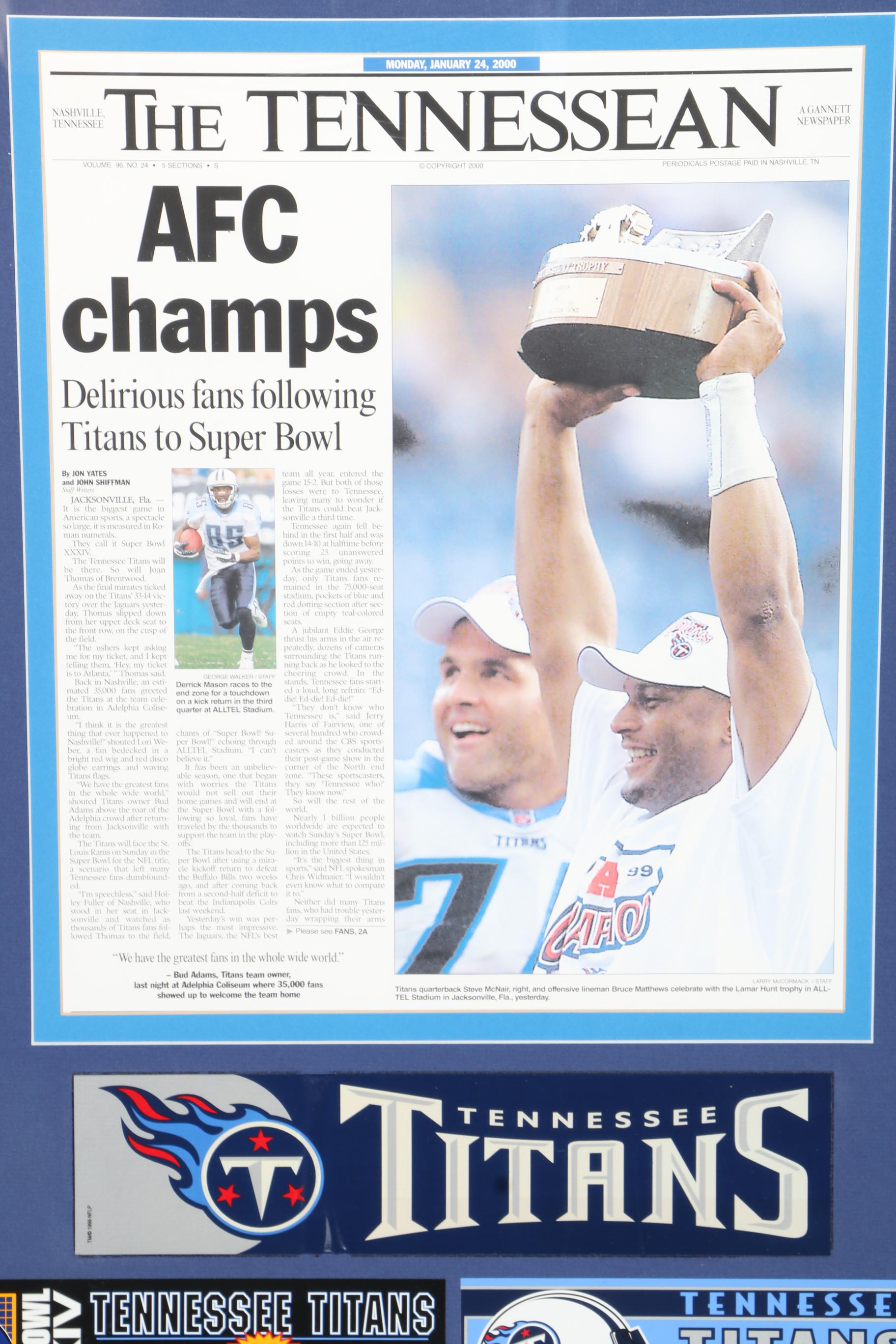 Framed Tennessee Titans 1999 Super Bowl Memorabilia