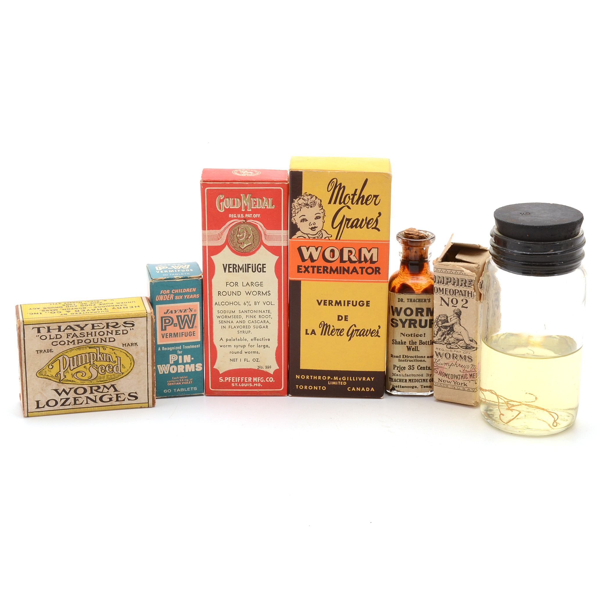 Worm Specimen with Antique and Vintage Worm Remedies