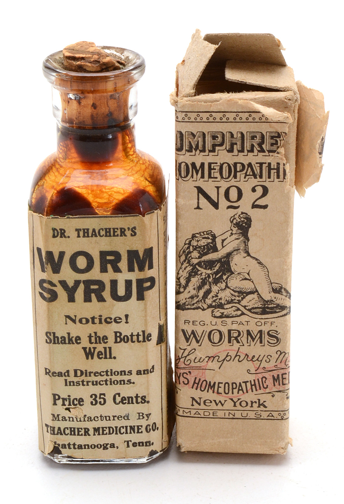 Worm Specimen with Antique and Vintage Worm Remedies