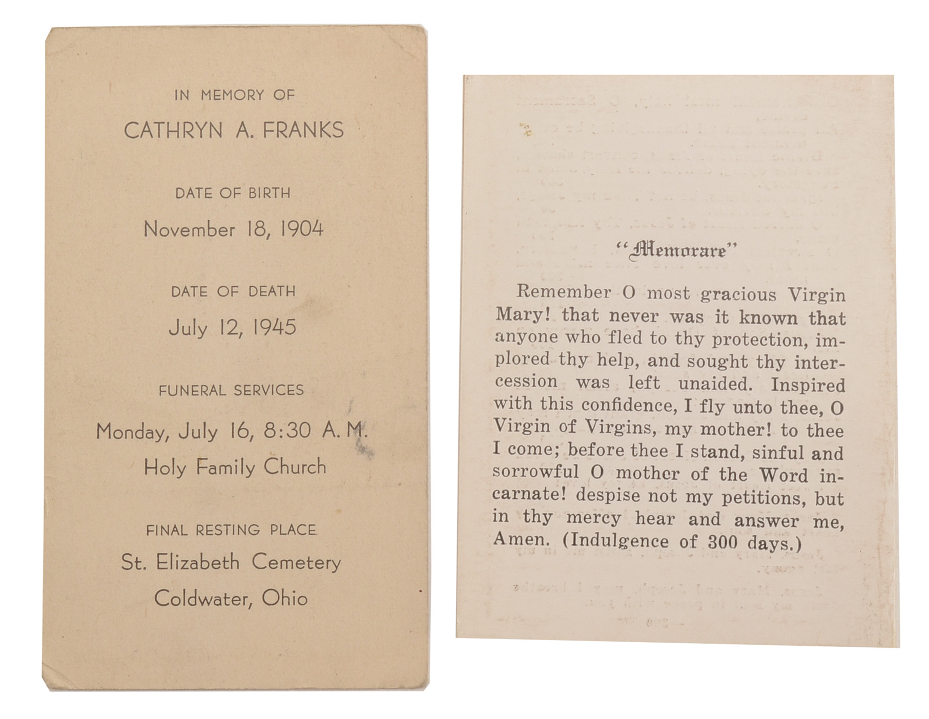 Five Vintage Memorial Cards