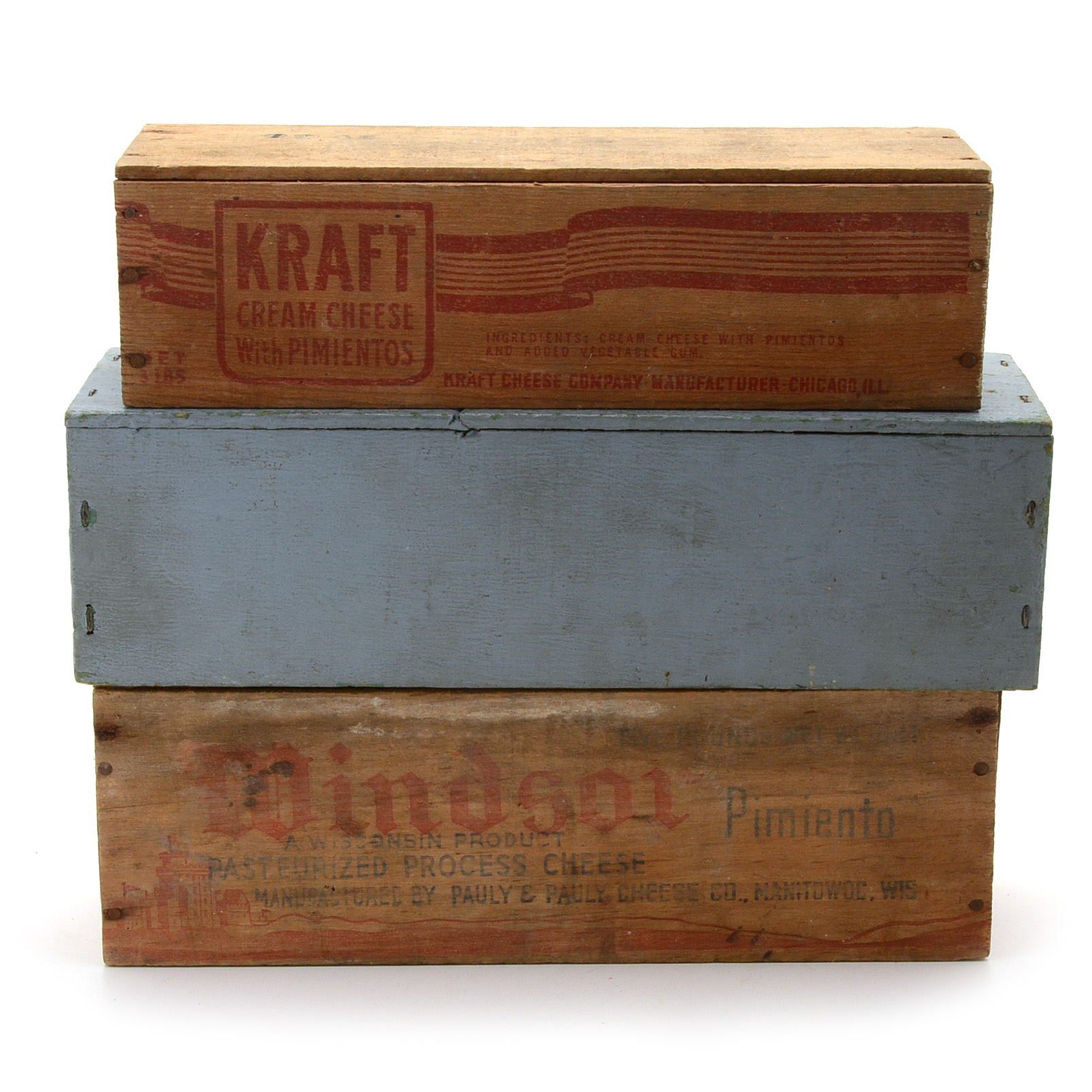 Three Vintage Wooden Pimento Cheese Boxes