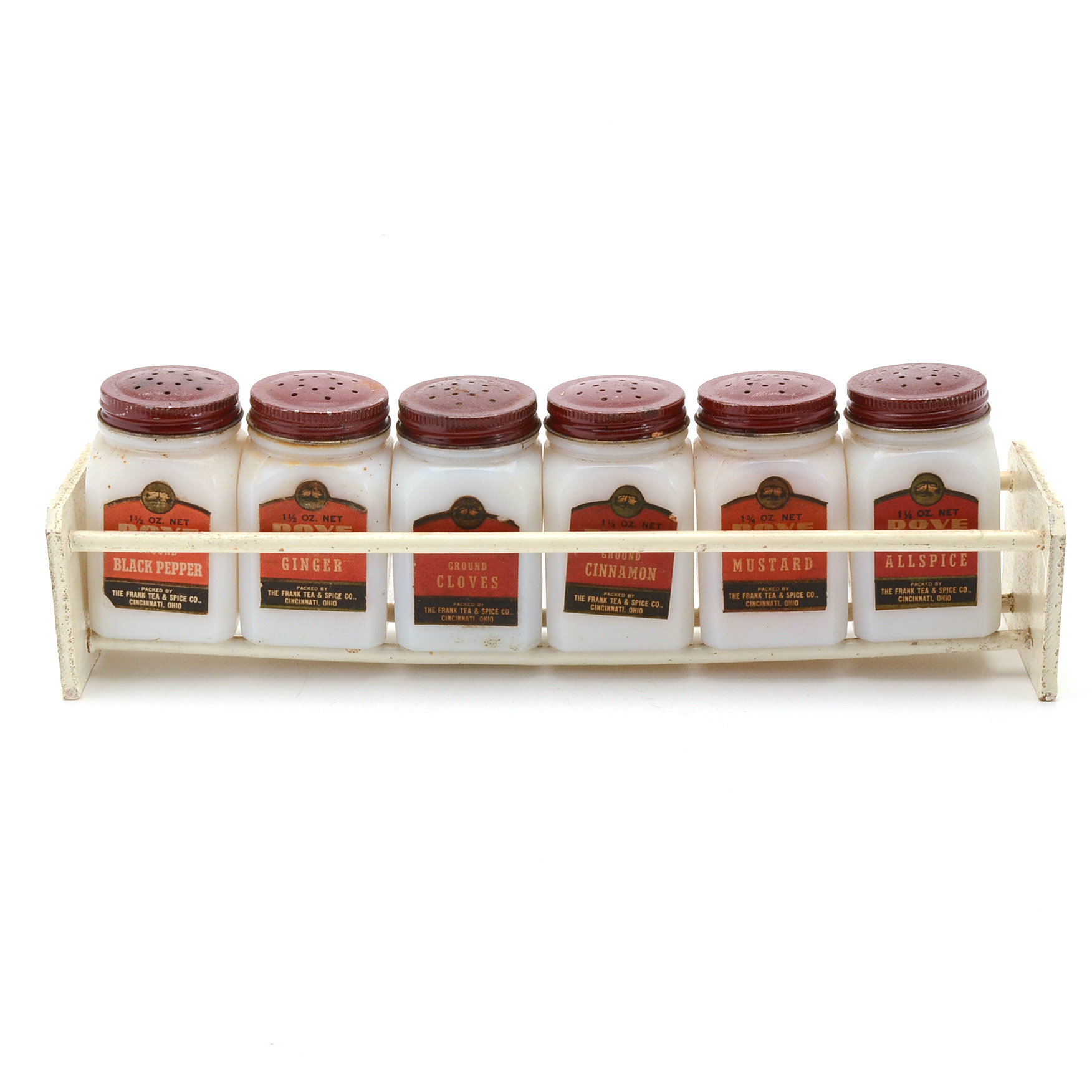 Vintage Frank Spice & Tea Dove Milk Glass and Wood Spice Rack