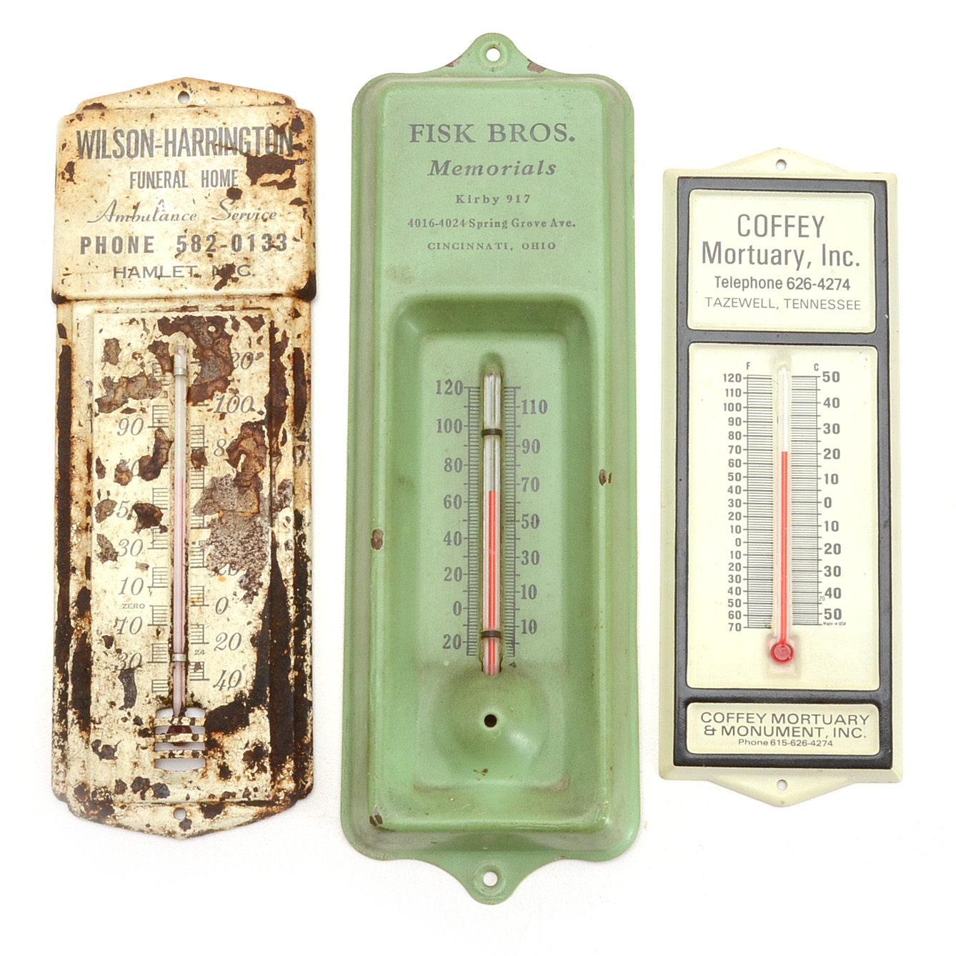 Three Vintage Funeral Home Promotional Thermometers