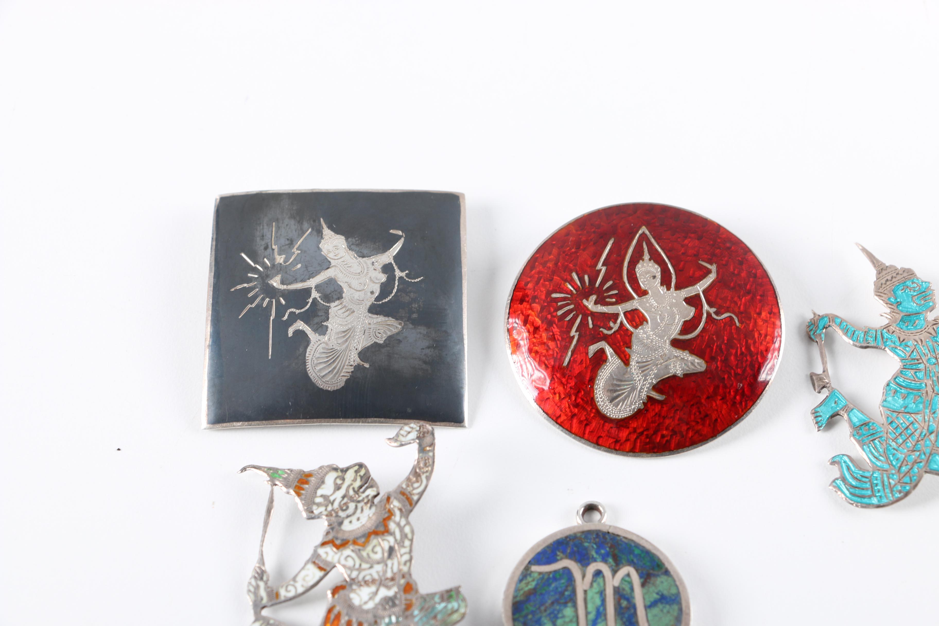 Sterling Silver Brooches and Pendant With Enamel and Azure Malachite