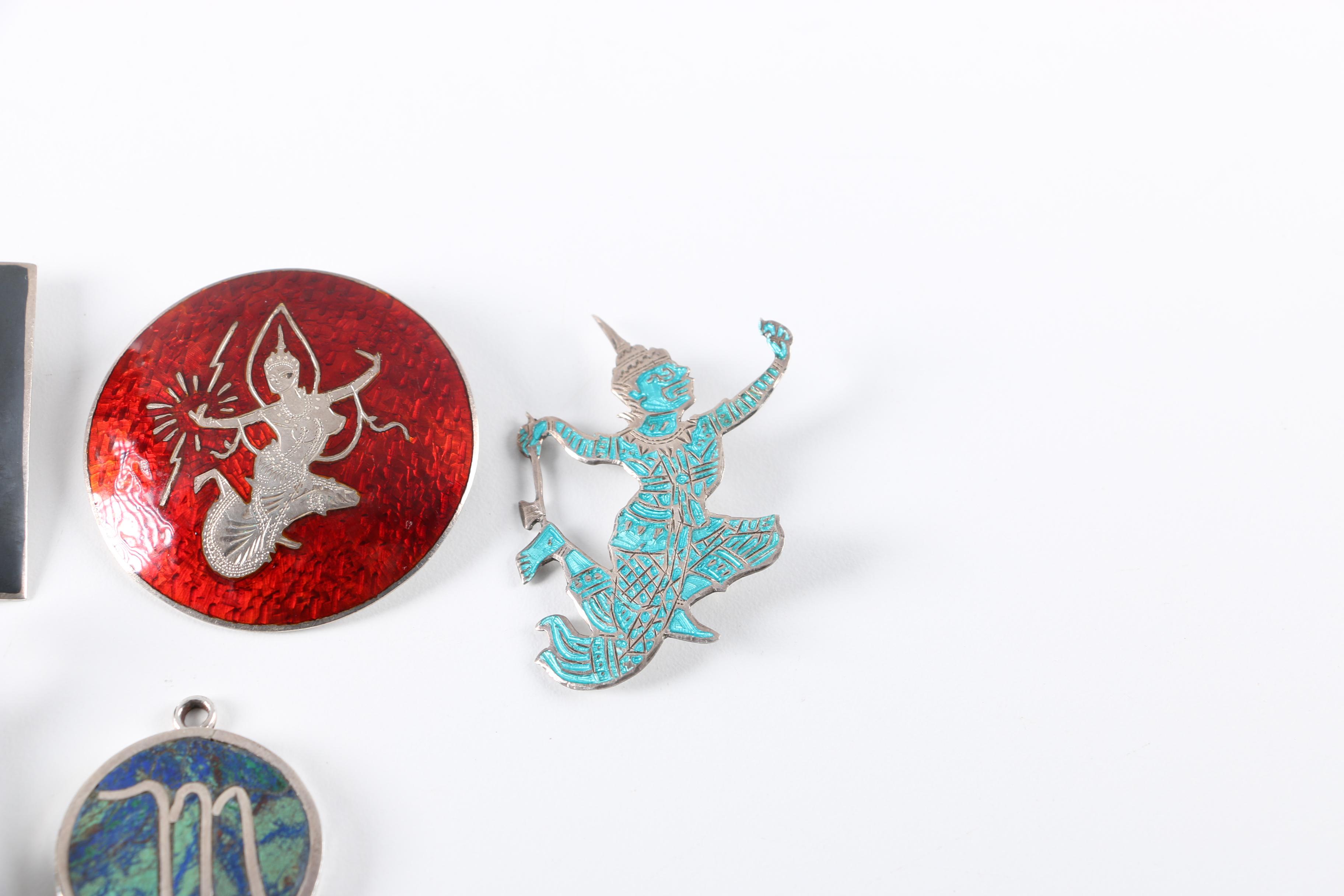 Sterling Silver Brooches and Pendant With Enamel and Azure Malachite