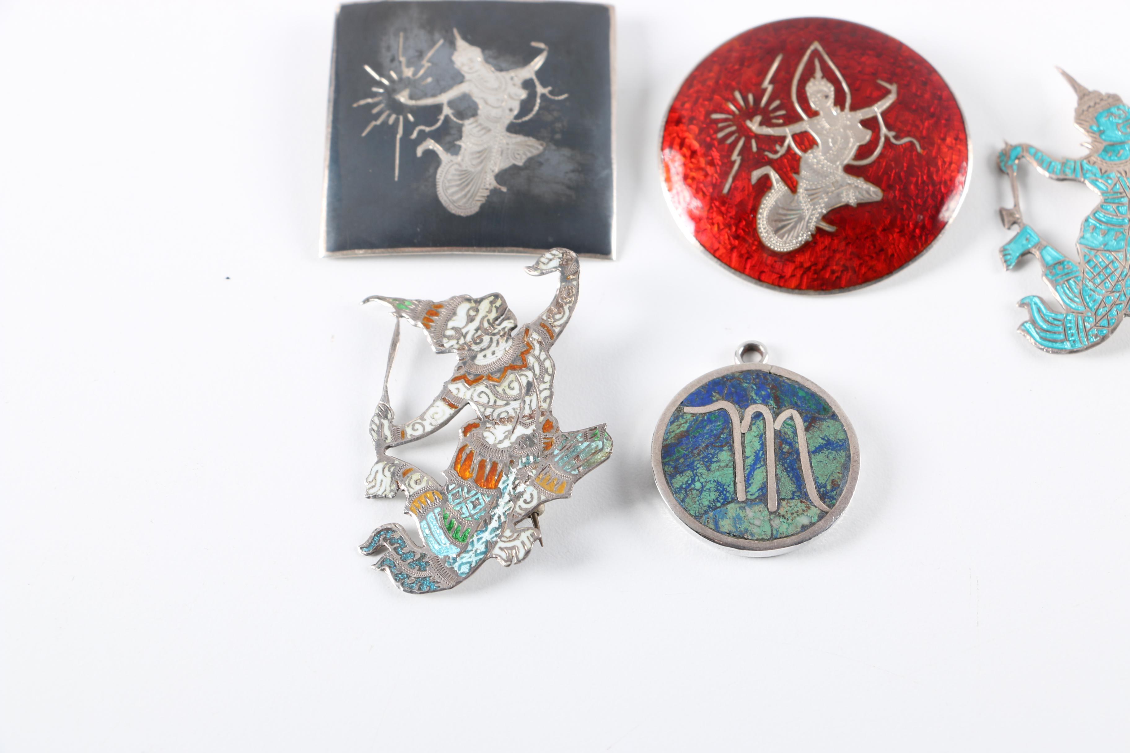 Sterling Silver Brooches and Pendant With Enamel and Azure Malachite