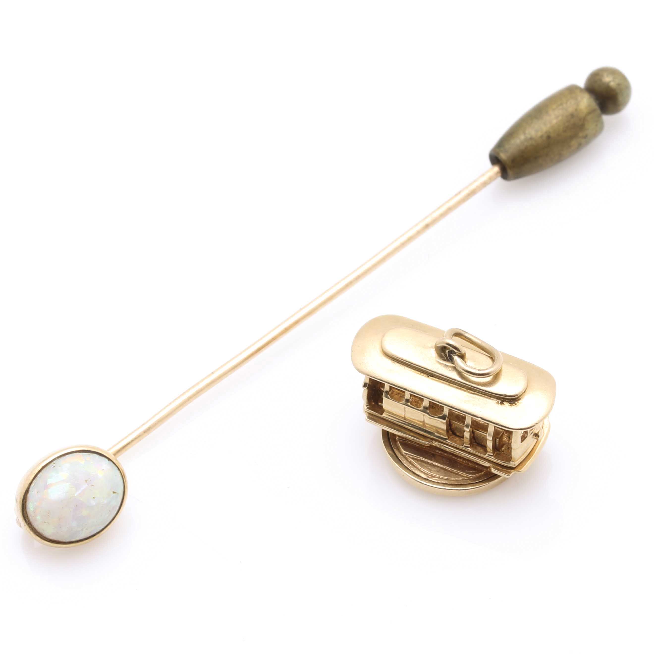 14K Yellow Gold Trolley Car Charm and Opal Stick Pin