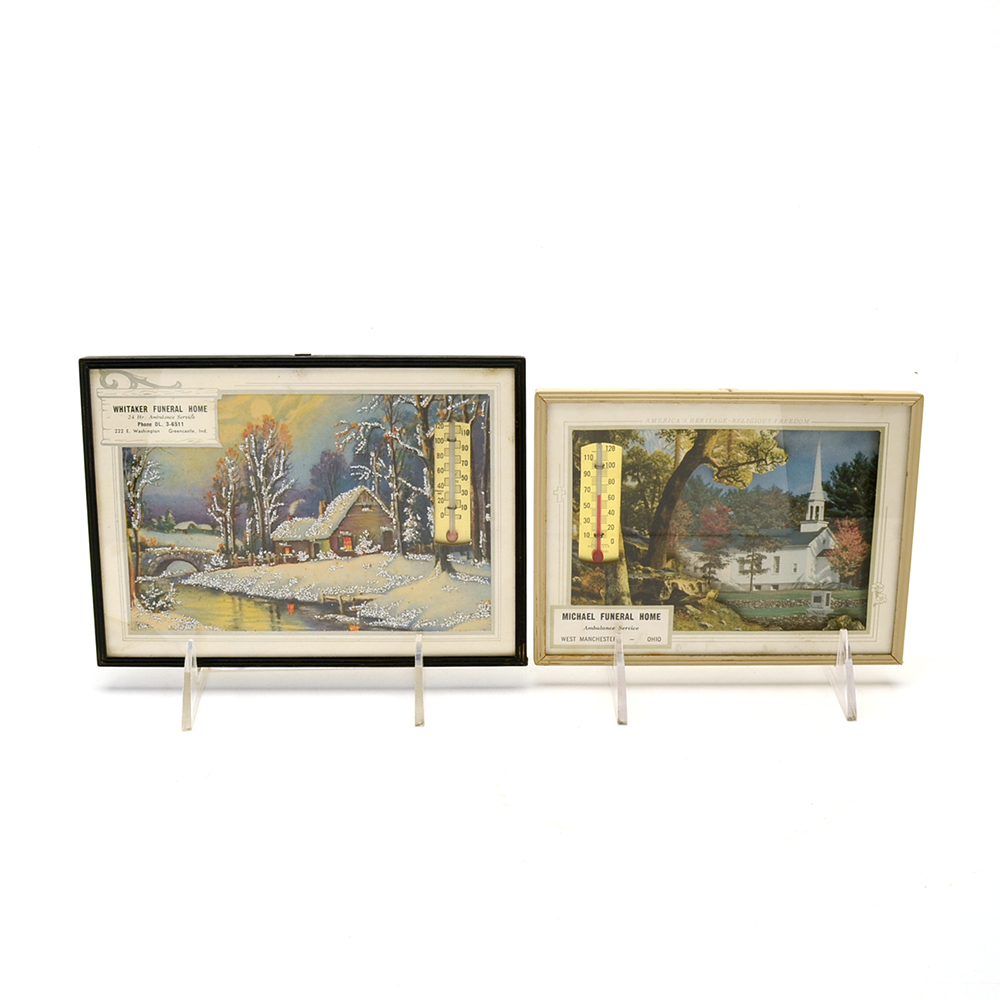 Two Framed Funeral Home Promotional Thermometers