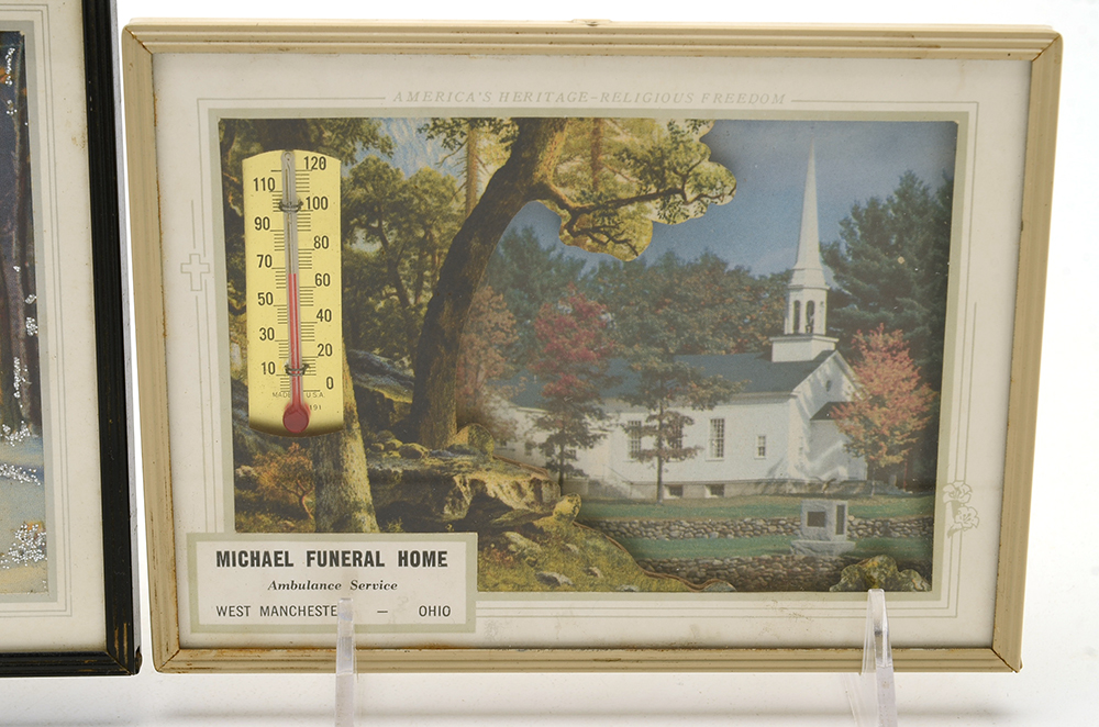 Two Framed Funeral Home Promotional Thermometers