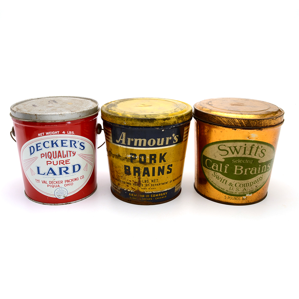 Three Vintage Tins Including Brains and Lard