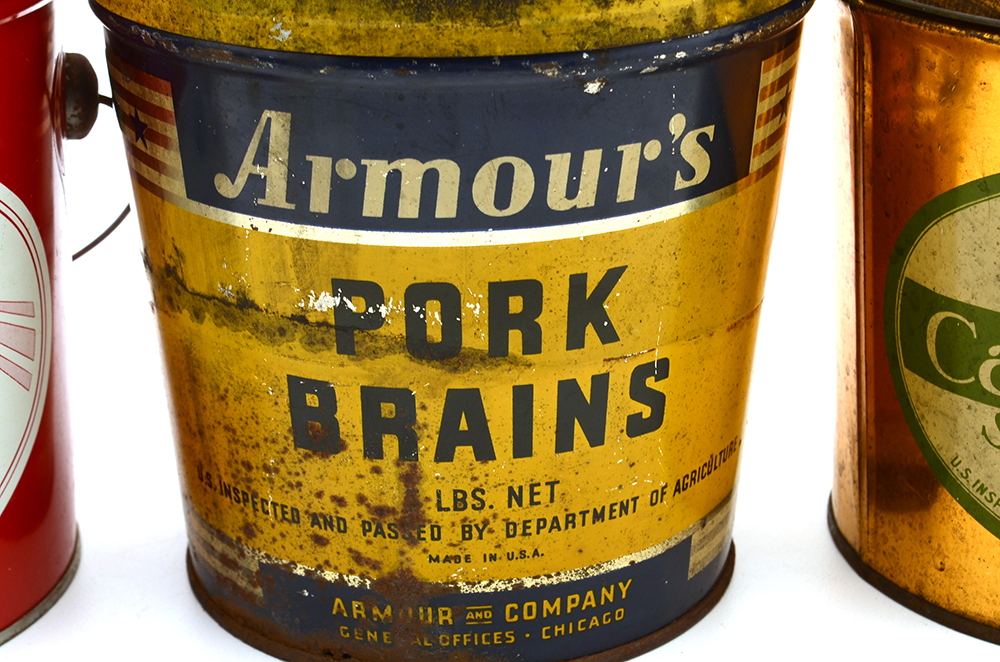 Three Vintage Tins Including Brains and Lard