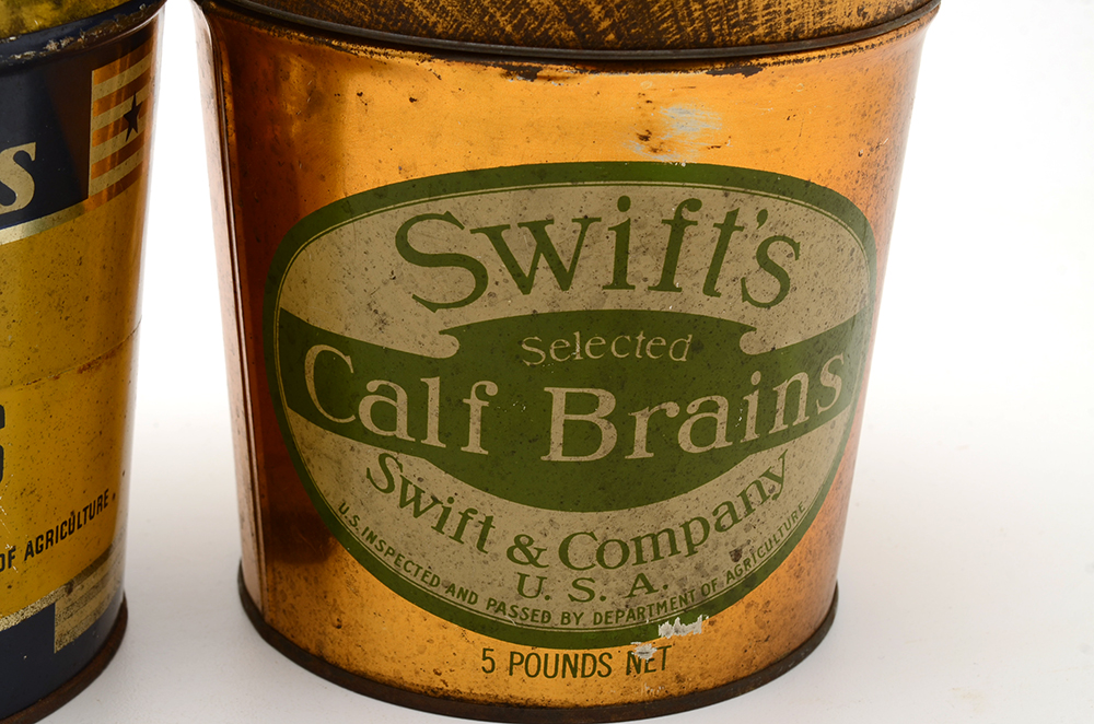 Three Vintage Tins Including Brains and Lard
