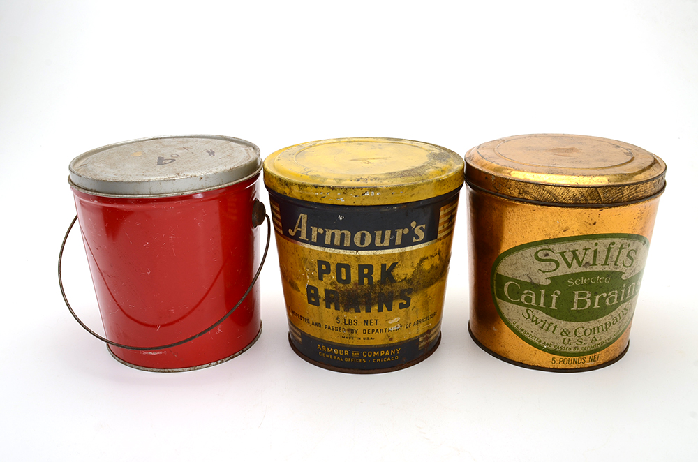 Three Vintage Tins Including Brains and Lard