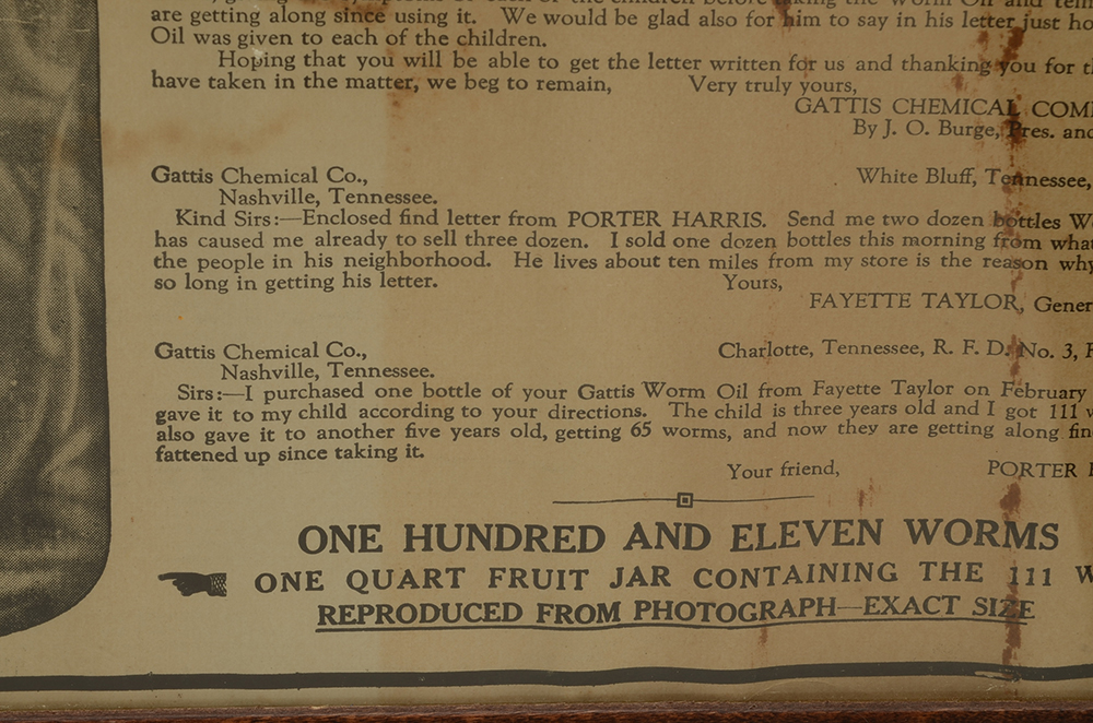 1922 Gattis Worm Oil Testimonial Advertisement