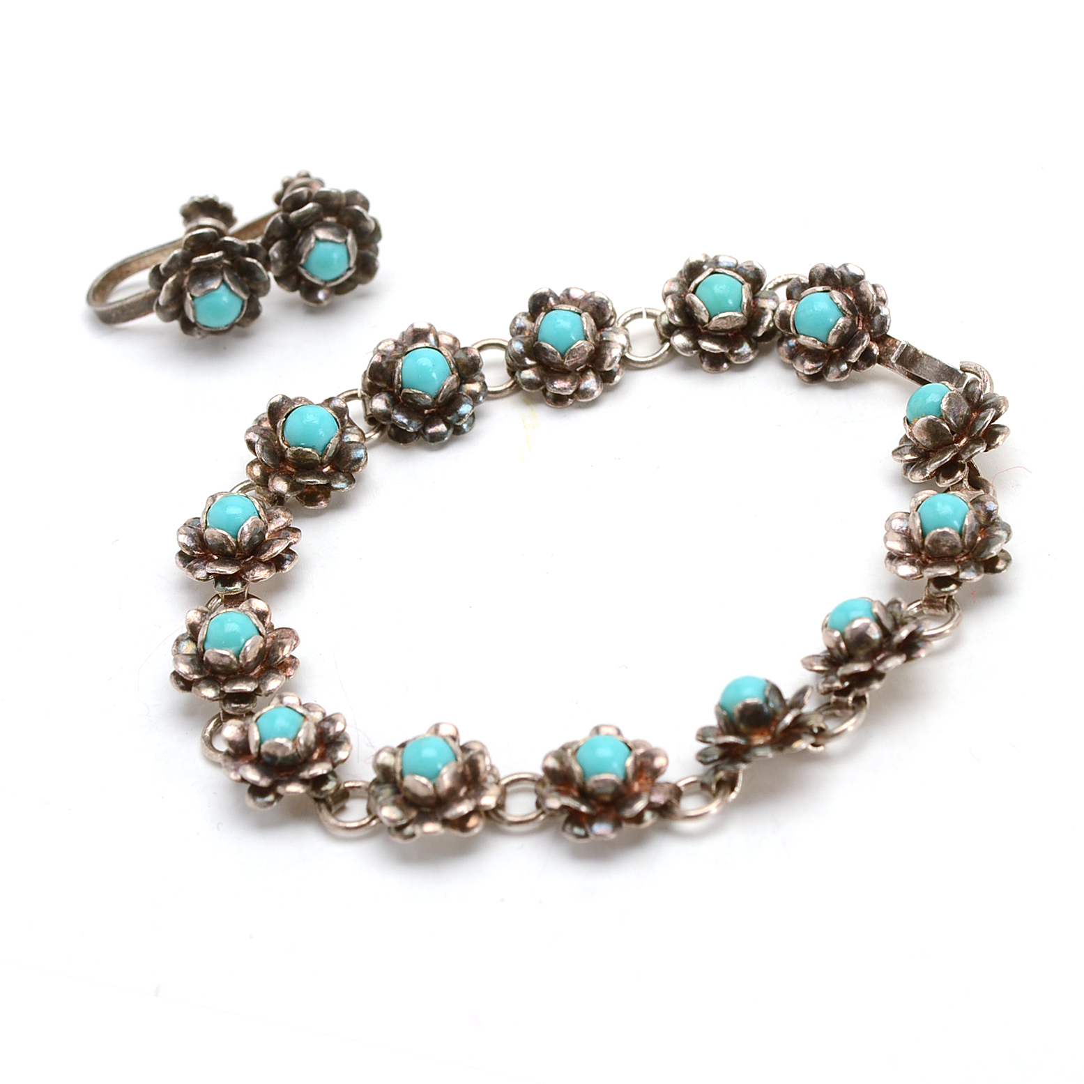 Sterling and Imitation Turquoise Bracelet and Earring Set