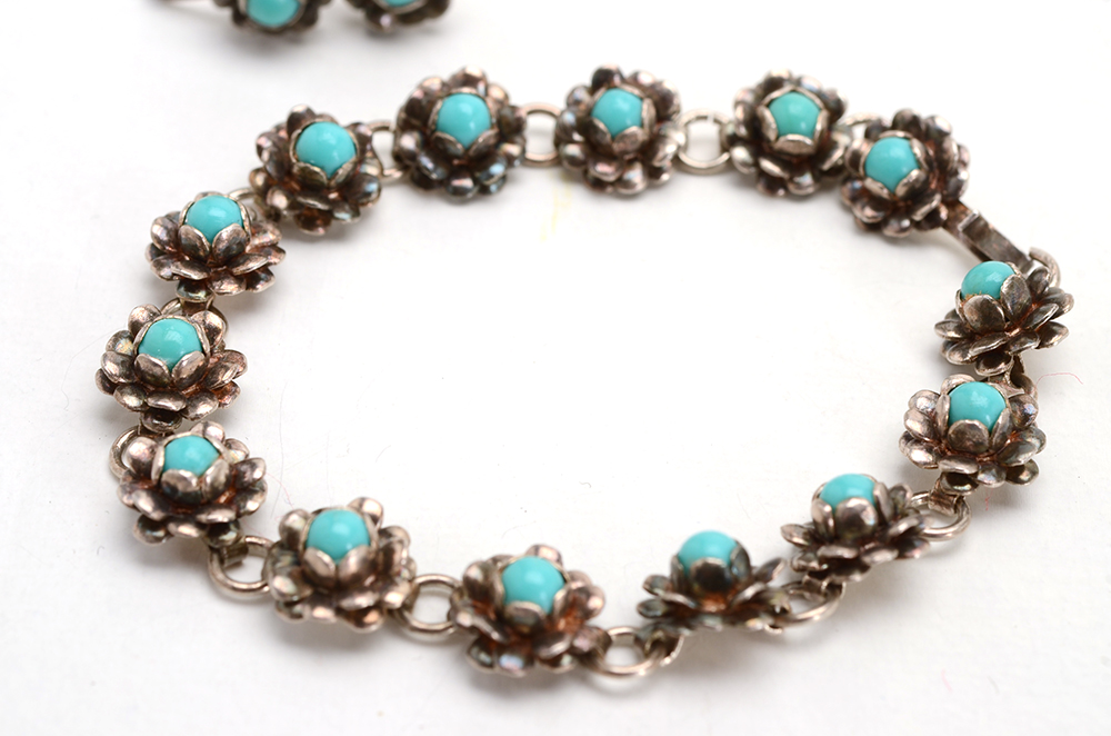Sterling and Imitation Turquoise Bracelet and Earring Set
