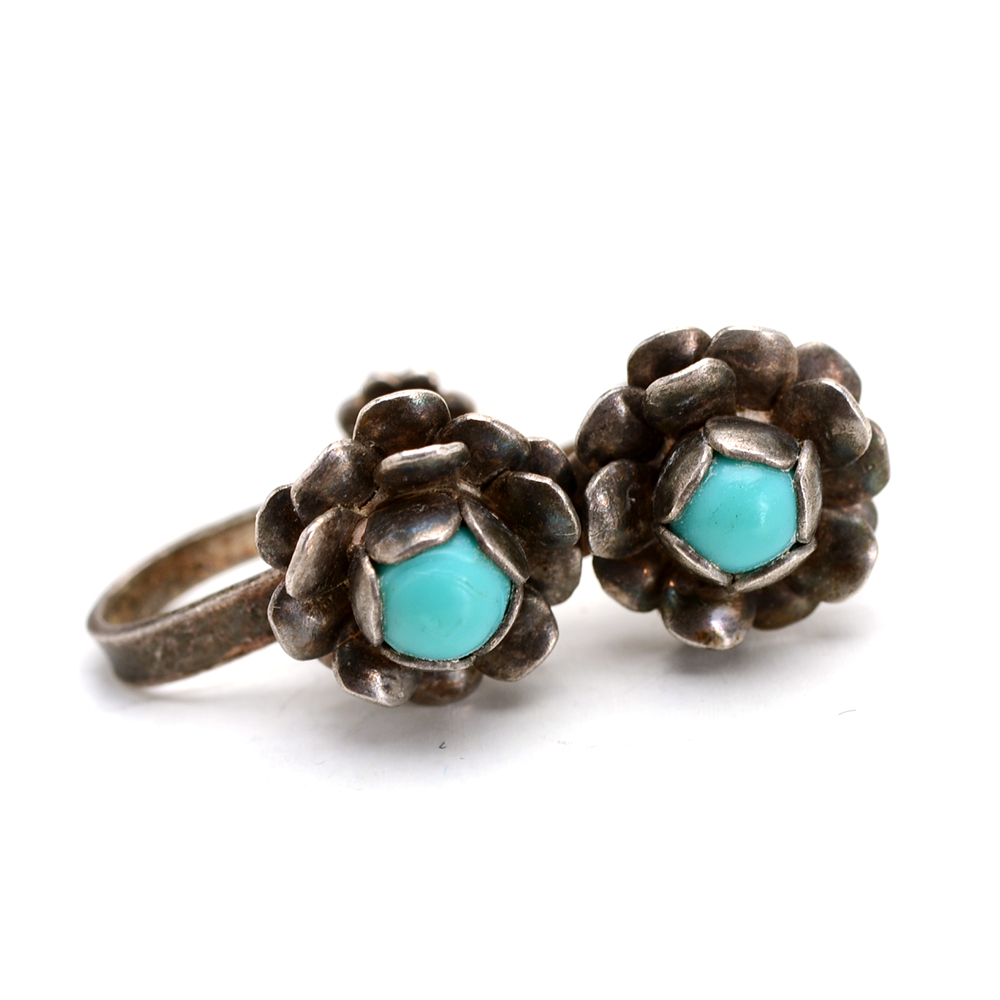 Sterling and Imitation Turquoise Bracelet and Earring Set