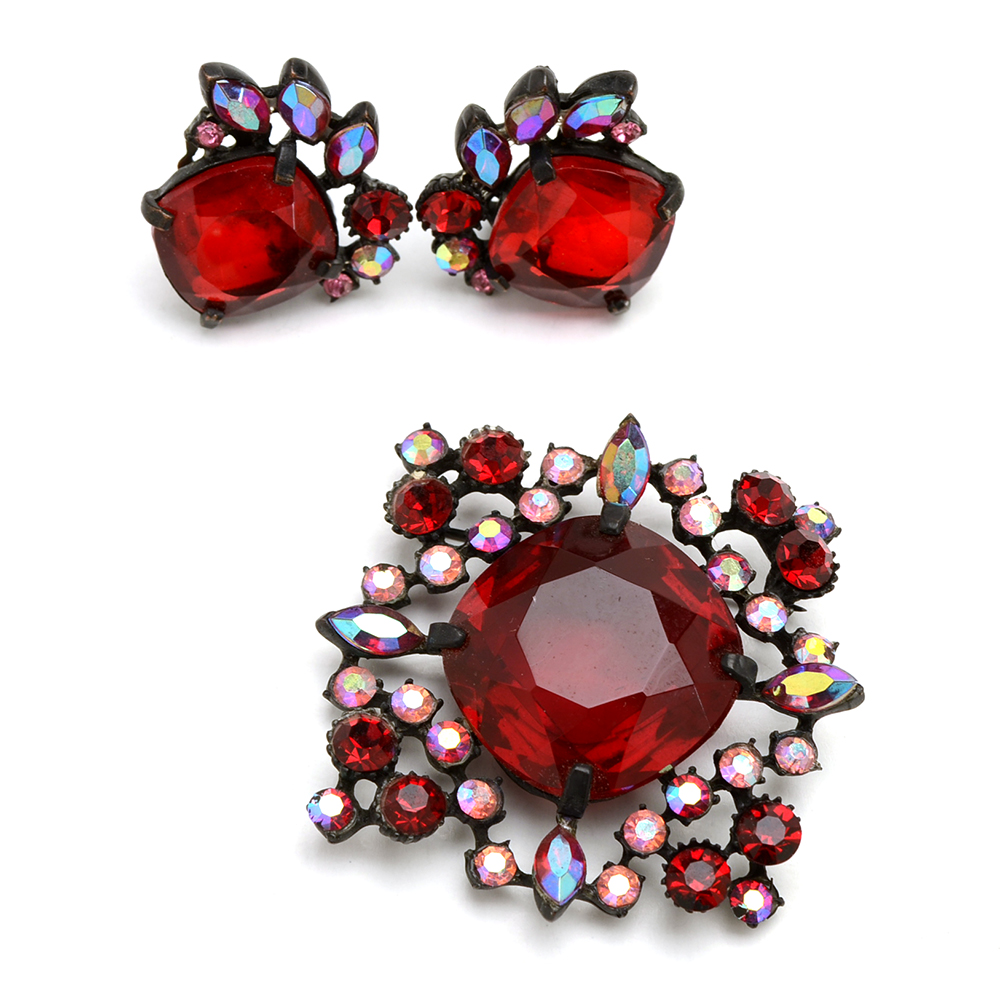 Mid Century Claudette Costume Brooch and Earrings