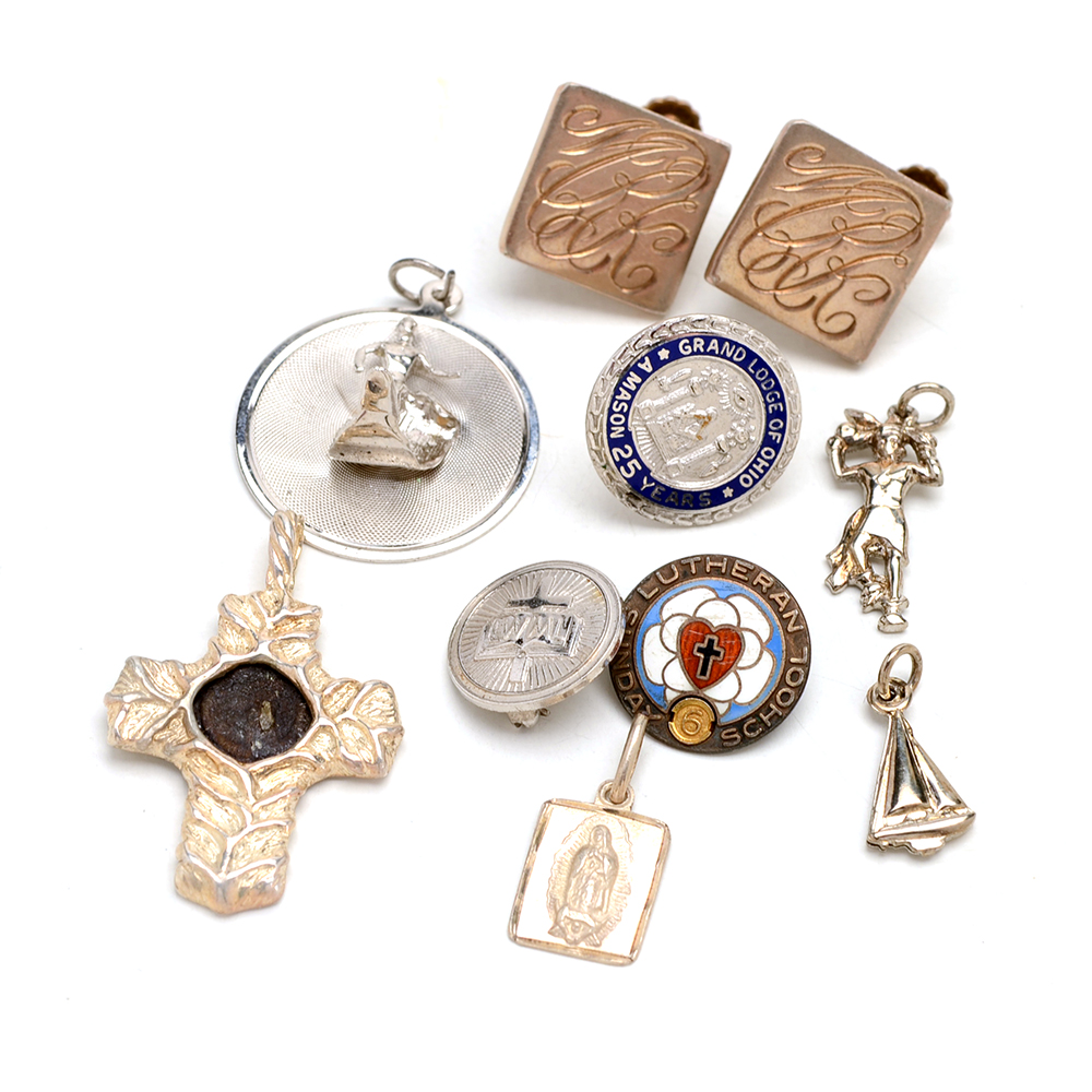 Vintage Sterling Pins, Earrings and Widow's Mite Pendant