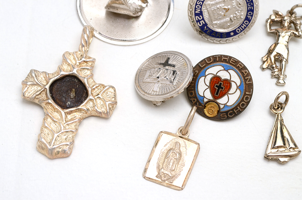 Vintage Sterling Pins, Earrings and Widow's Mite Pendant