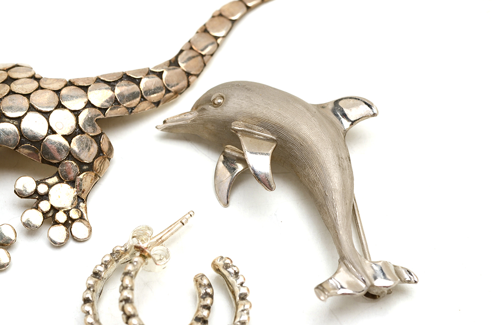 Sterling Gecko and Dolphin Brooches with Other Jewelry