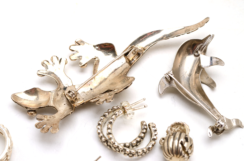 Sterling Gecko and Dolphin Brooches with Other Jewelry